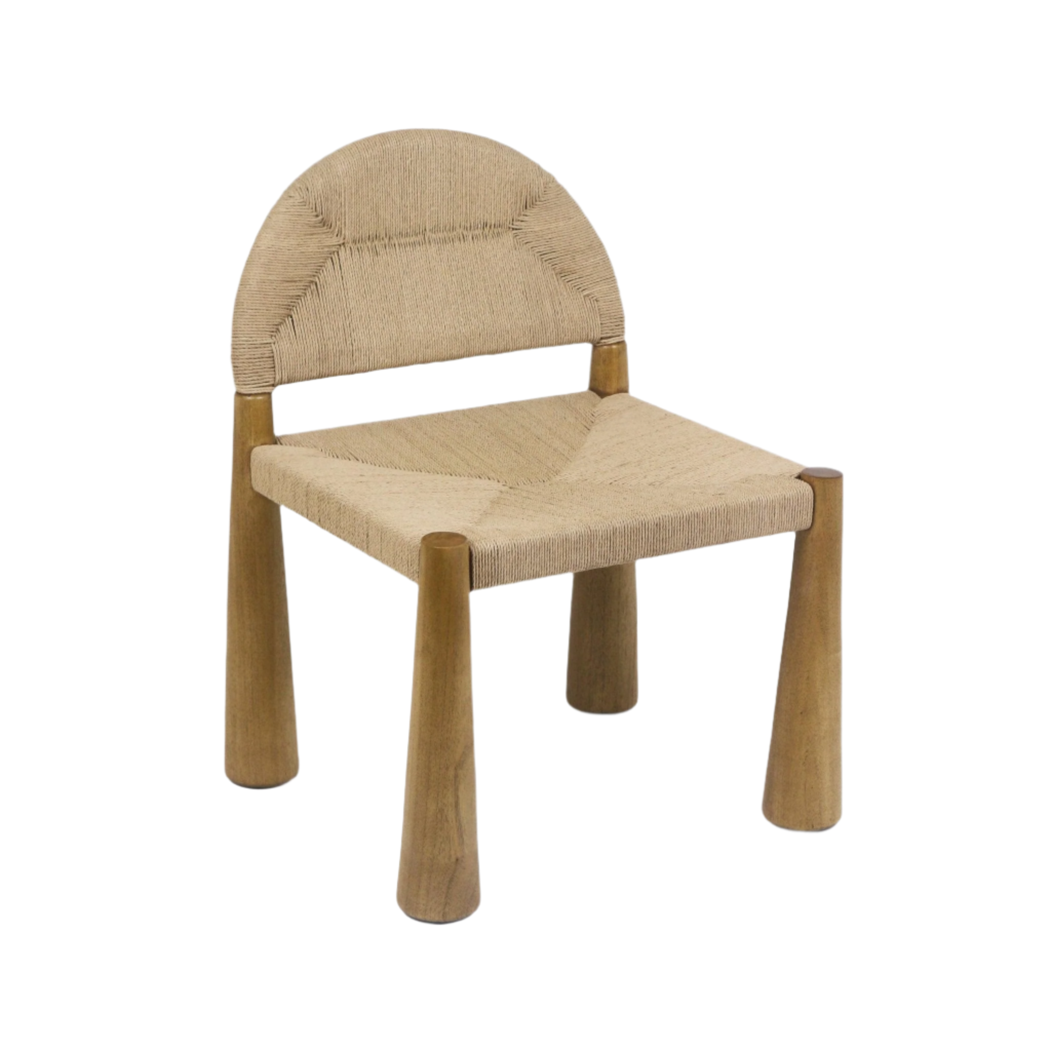 Armless dining chair with a natural teak frame and chunky rounded legs, featuring a woven seagrass seat and curved woven backrest in a neutral natural tone, suited to coastal and minimalist interiors.