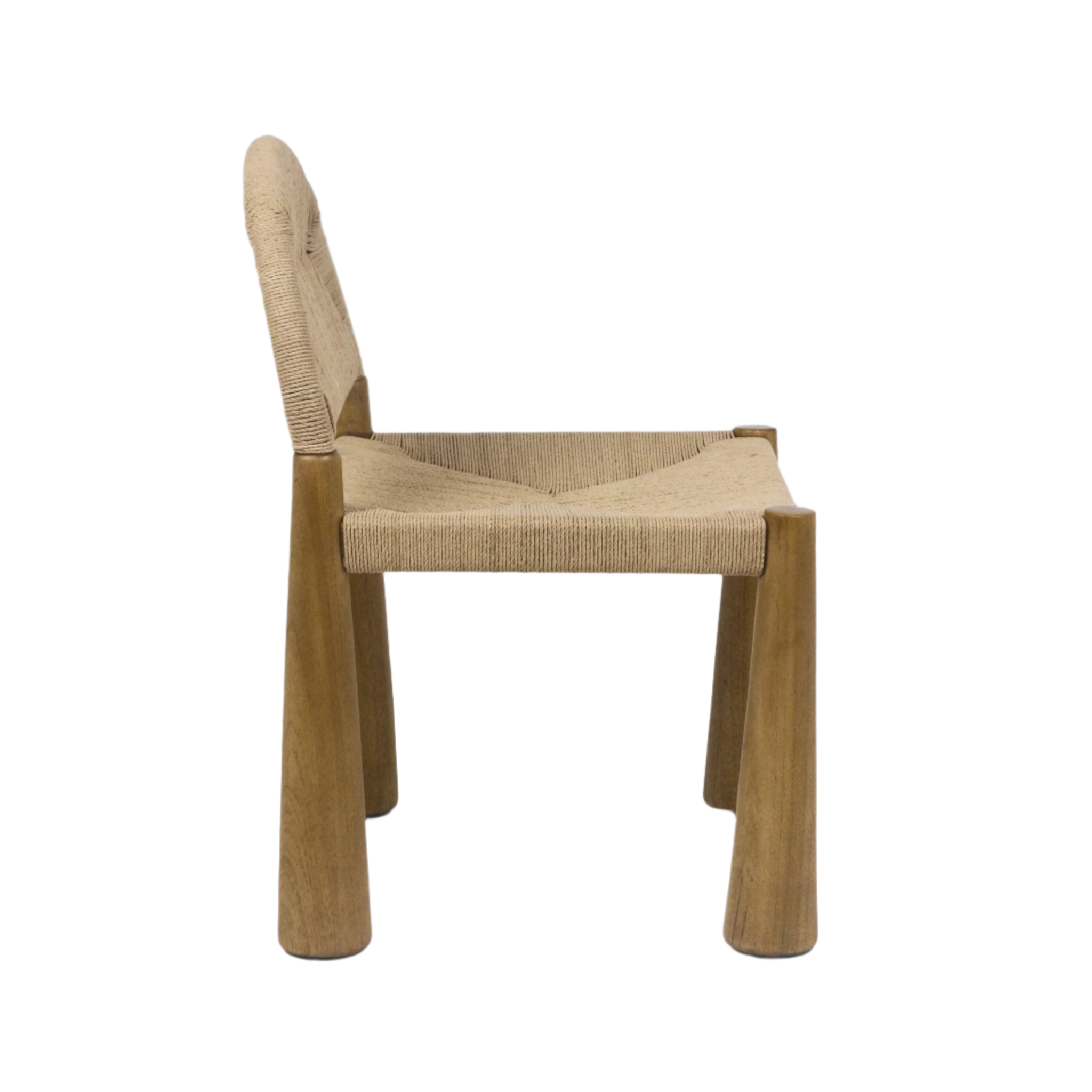Side profile of an armless dining chair with a natural teak frame and woven seagrass seat and back, featuring a low curved backrest and thick tapered legs on a white background.