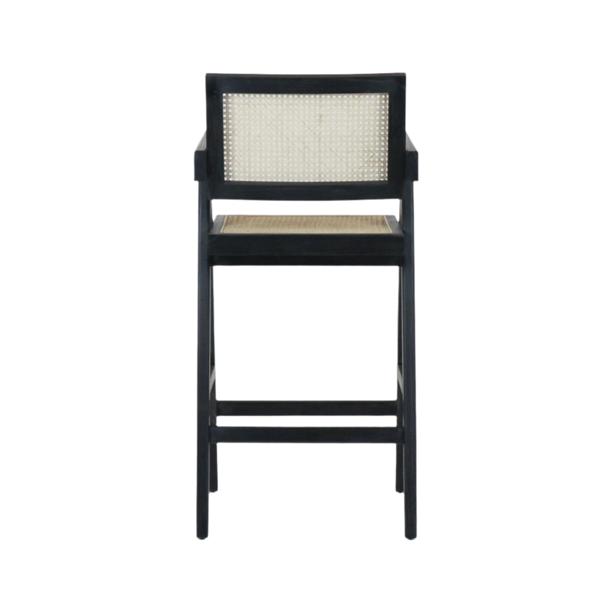 Front view of a black wooden bar stool with woven natural cane seat and cane backrest, slim square legs, integrated footrest and short arm supports in a mid-century modern style.