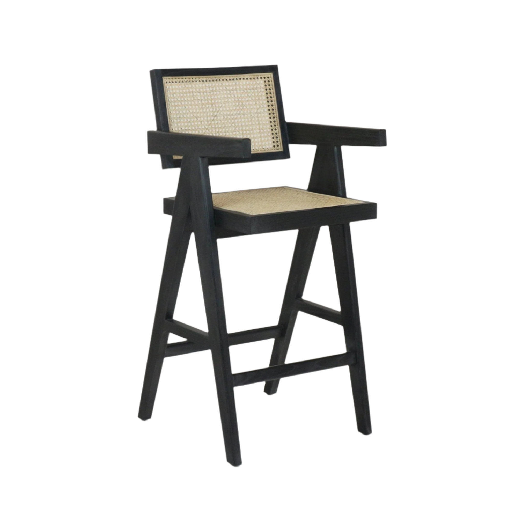 Mid-century modern bar stool with a black-stained wood frame, natural woven rattan cane seat and back, squared armrests, angled legs and an integrated footrest.