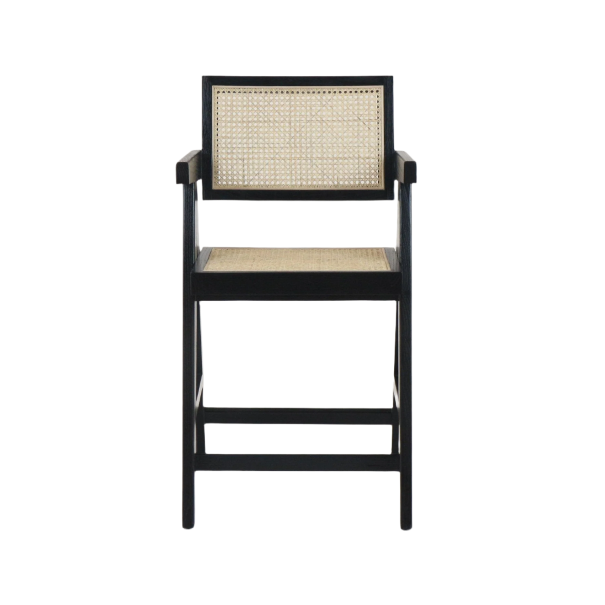 Front-facing black wooden bar stool with natural rattan cane seat and woven cane backrest, squared armrests and a lower footrest in a modern mid-century silhouette on a white background.