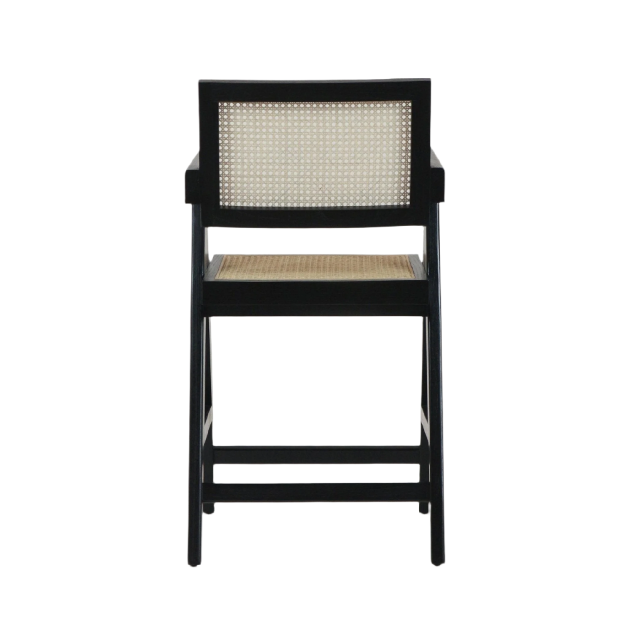 Back view of a mid-century modern black wooden bar stool with a natural rattan seat and caned backrest, squared arm supports and a lower footrest.