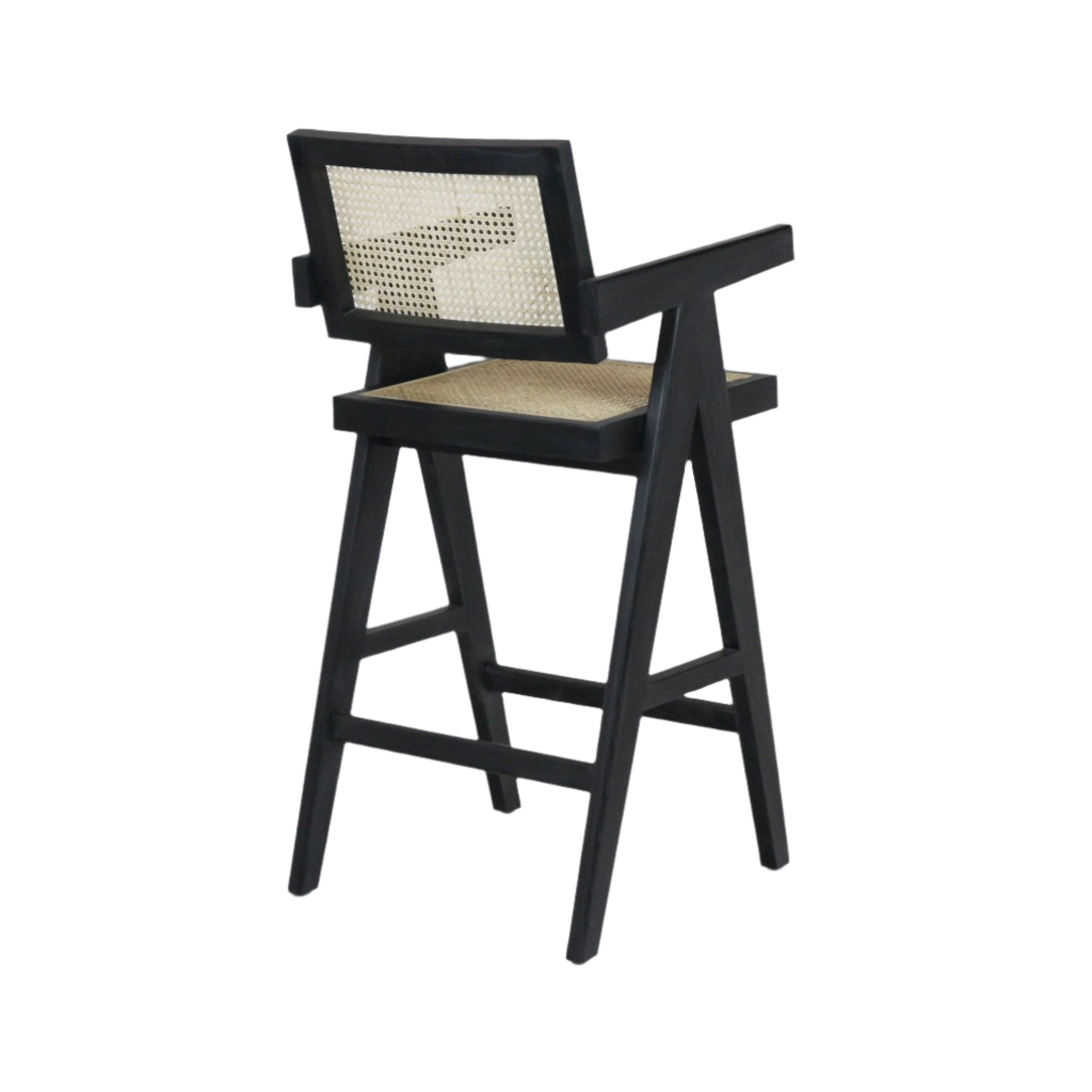 Black wooden bar stool with natural woven cane seat and backrest, mid-century modern angled frame and integrated armrests, shown against a white background.