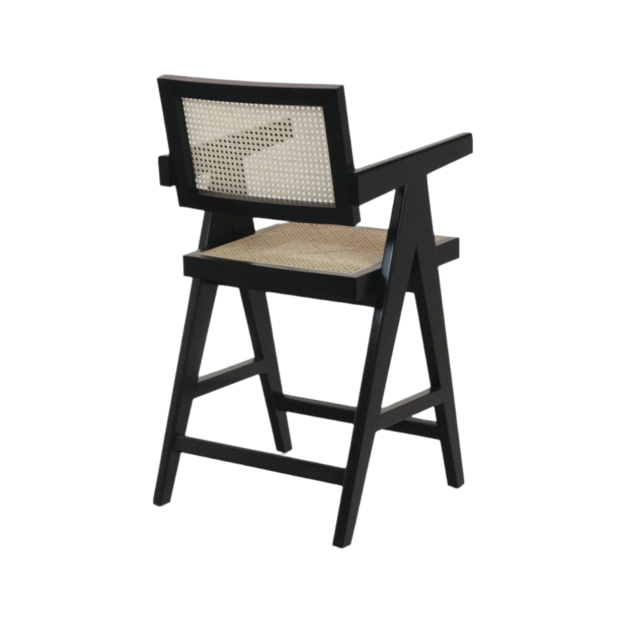 Black wooden mid-century modern bar stool with natural rattan cane seat and woven cane back, angular A-frame legs and integrated armrests shown on a white background.