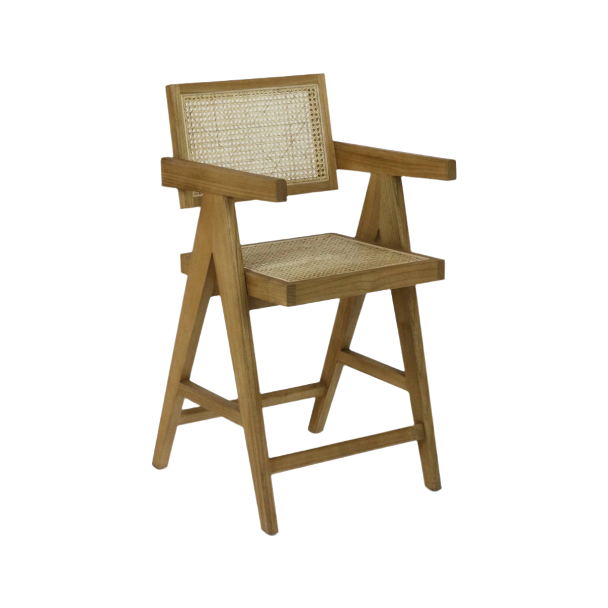 Natural-blonde wood bar stool in mid-century modern style with woven rattan seat and back, A-frame legs and straight wooden armrests.