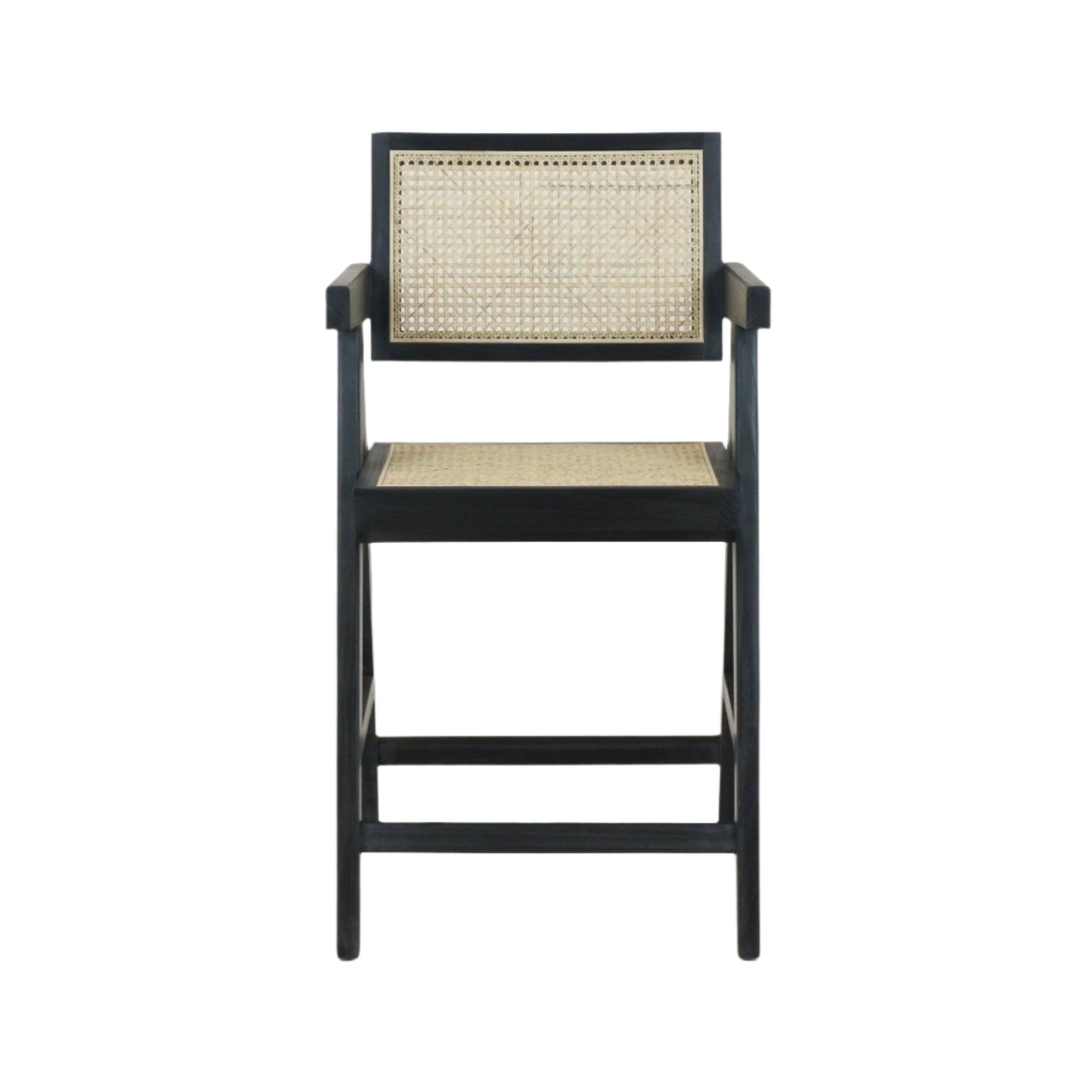 Front view of a mid-century modern bar stool with natural rattan cane seat and back set in a black wooden frame with armrests and horizontal footrest bars.