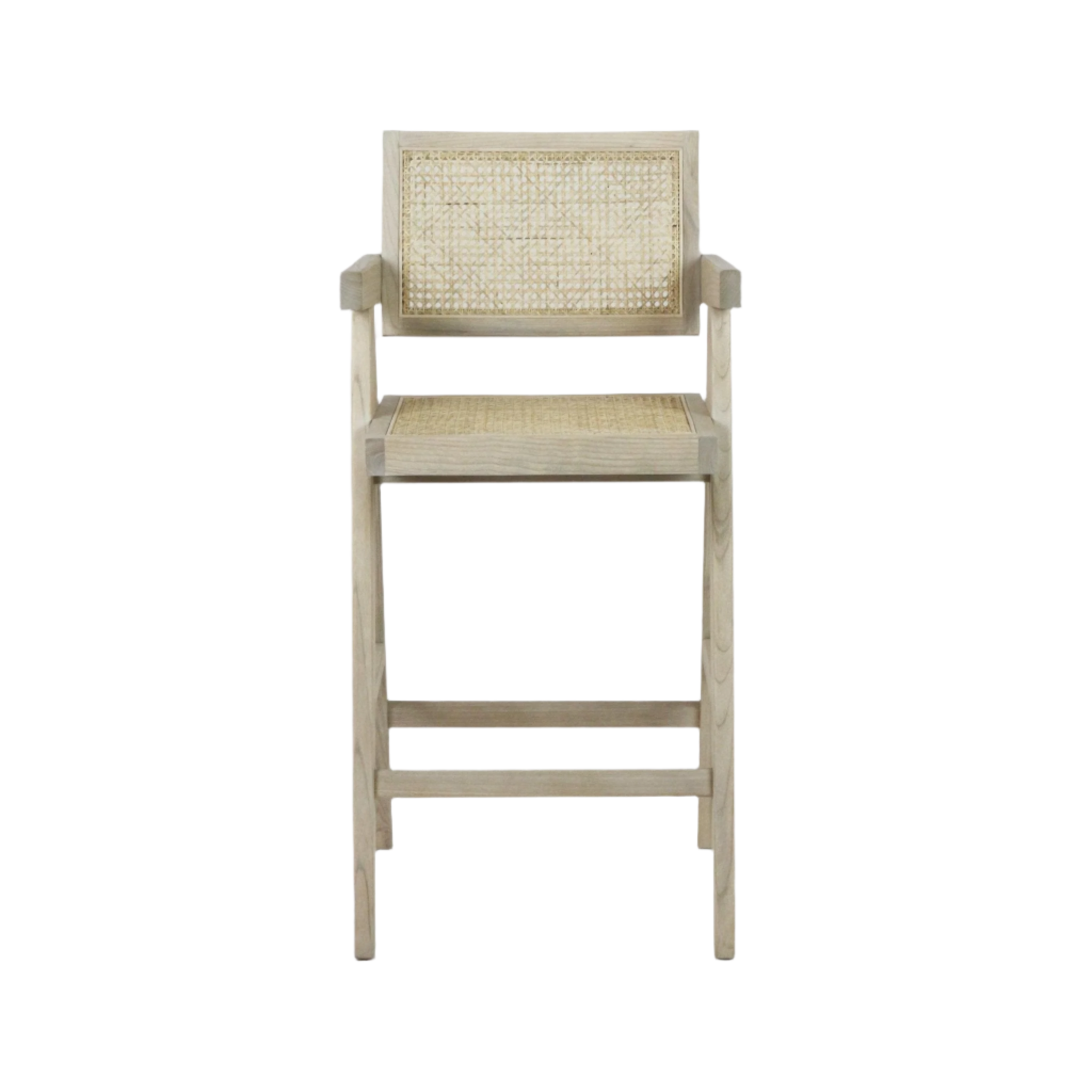 Front view of a mid-century modern bar stool in natural wood with woven rattan seat and back, squared frame and short armrests, tall legs and double footrail in a light natural finish.
