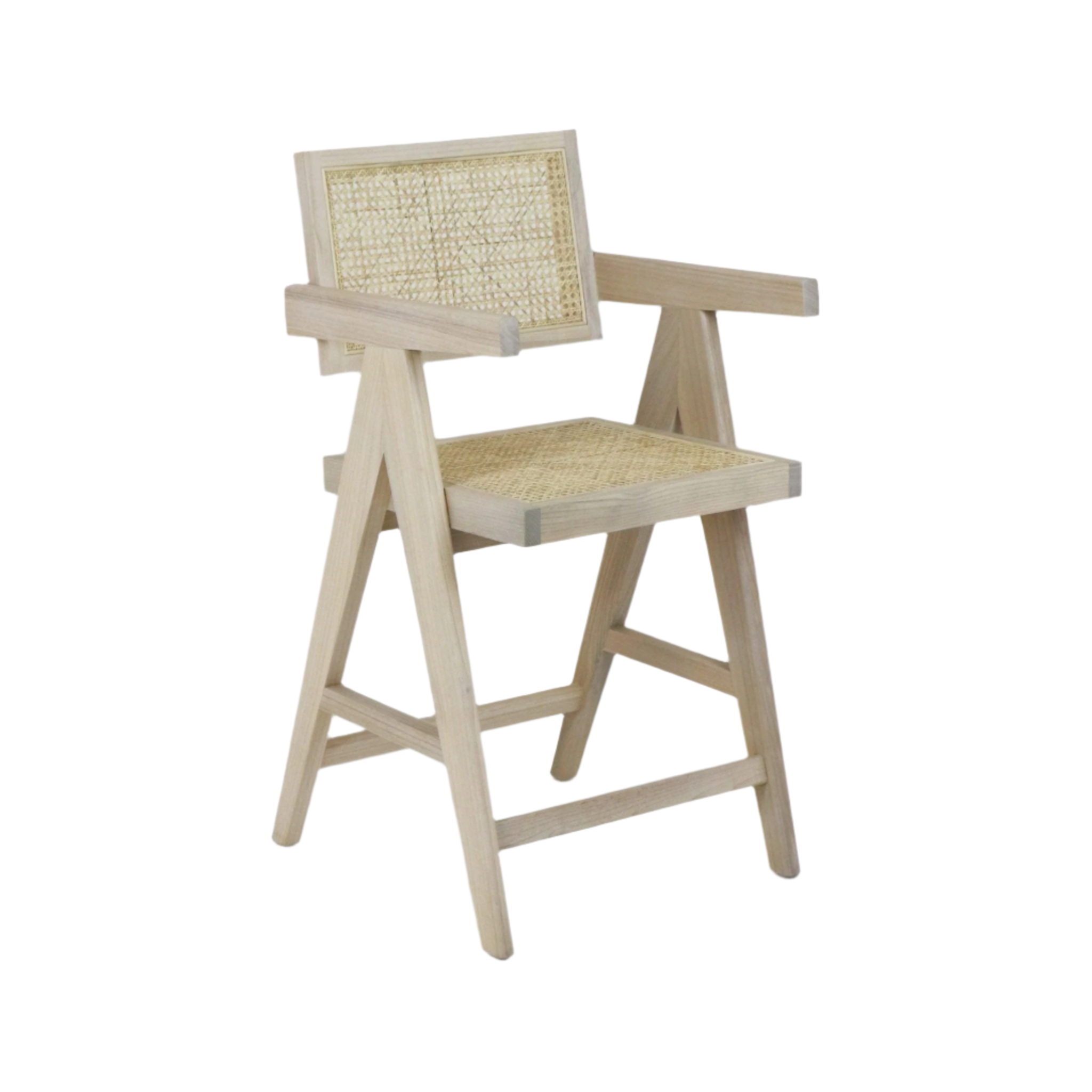 Light natural wood counter stool with woven rattan seat and back, angled A-frame legs, integrated armrests and a footrest in a mid-century modern style.