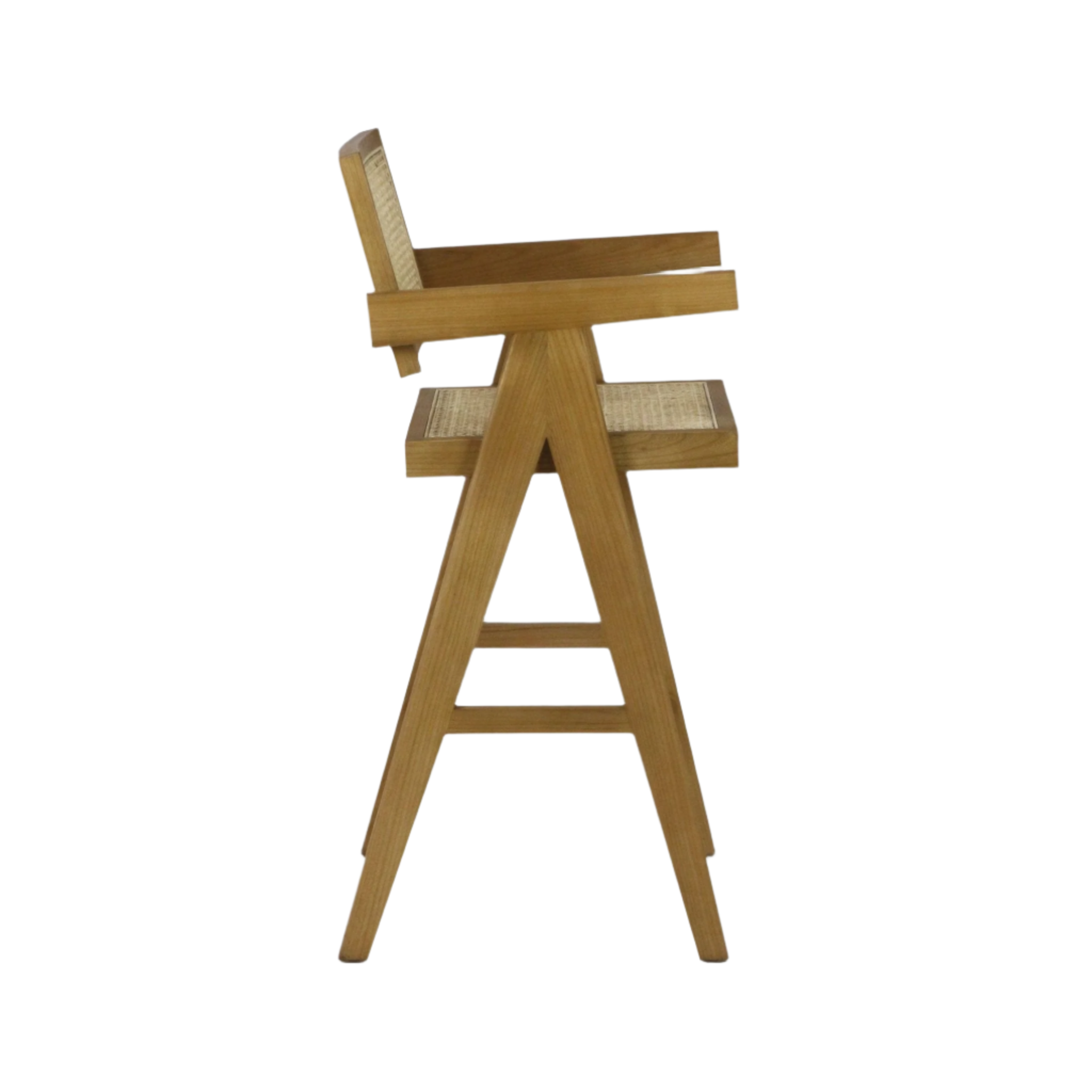 Side profile of a natural wood bar stool with A-frame legs, woven cane (rattan) seat and back, and straight armrests in a mid-century modern style.