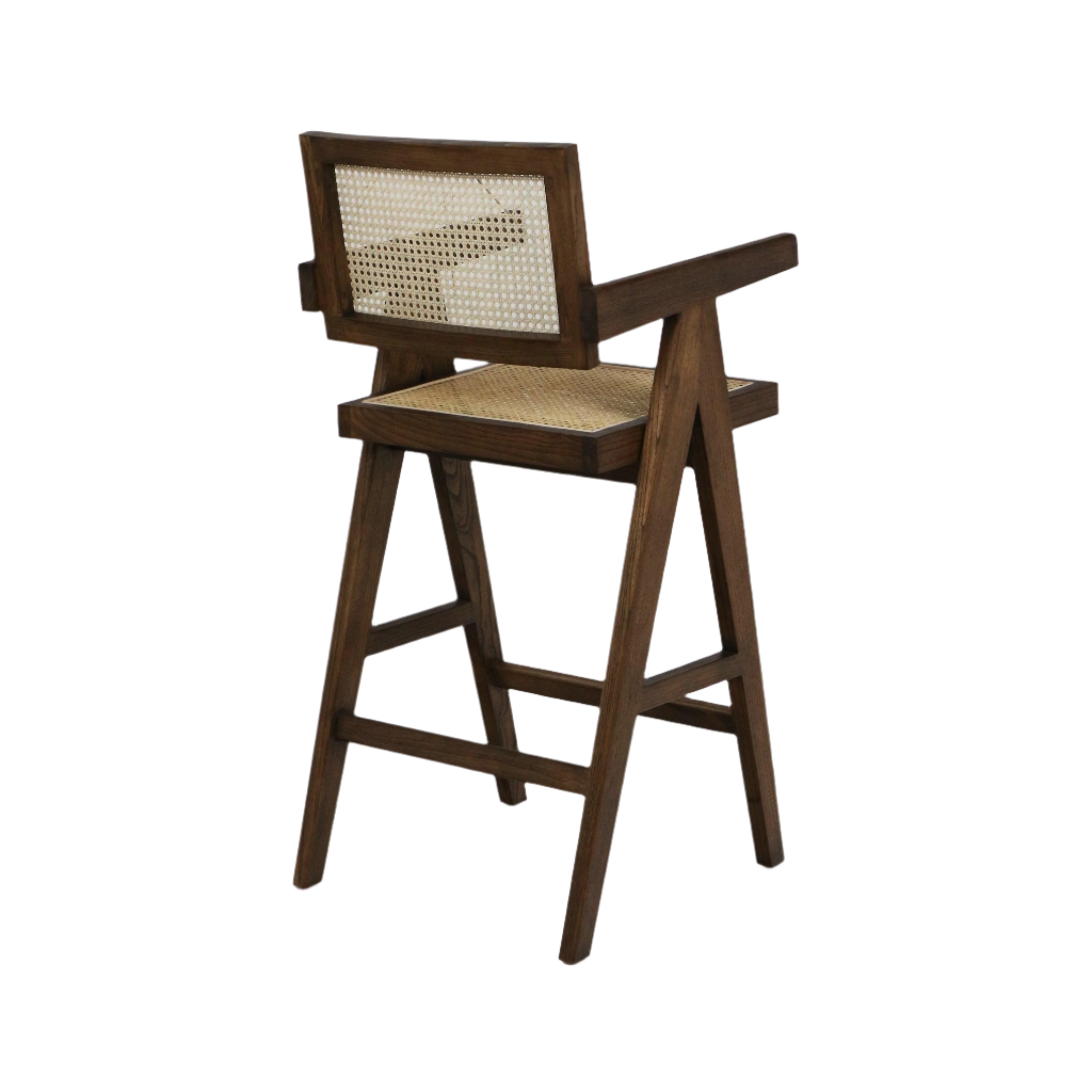 Natural wood bar stool with woven rattan seat and cane back in a medium brown finish, slanted A-frame legs and short armrests showcasing a mid-century modern silhouette.