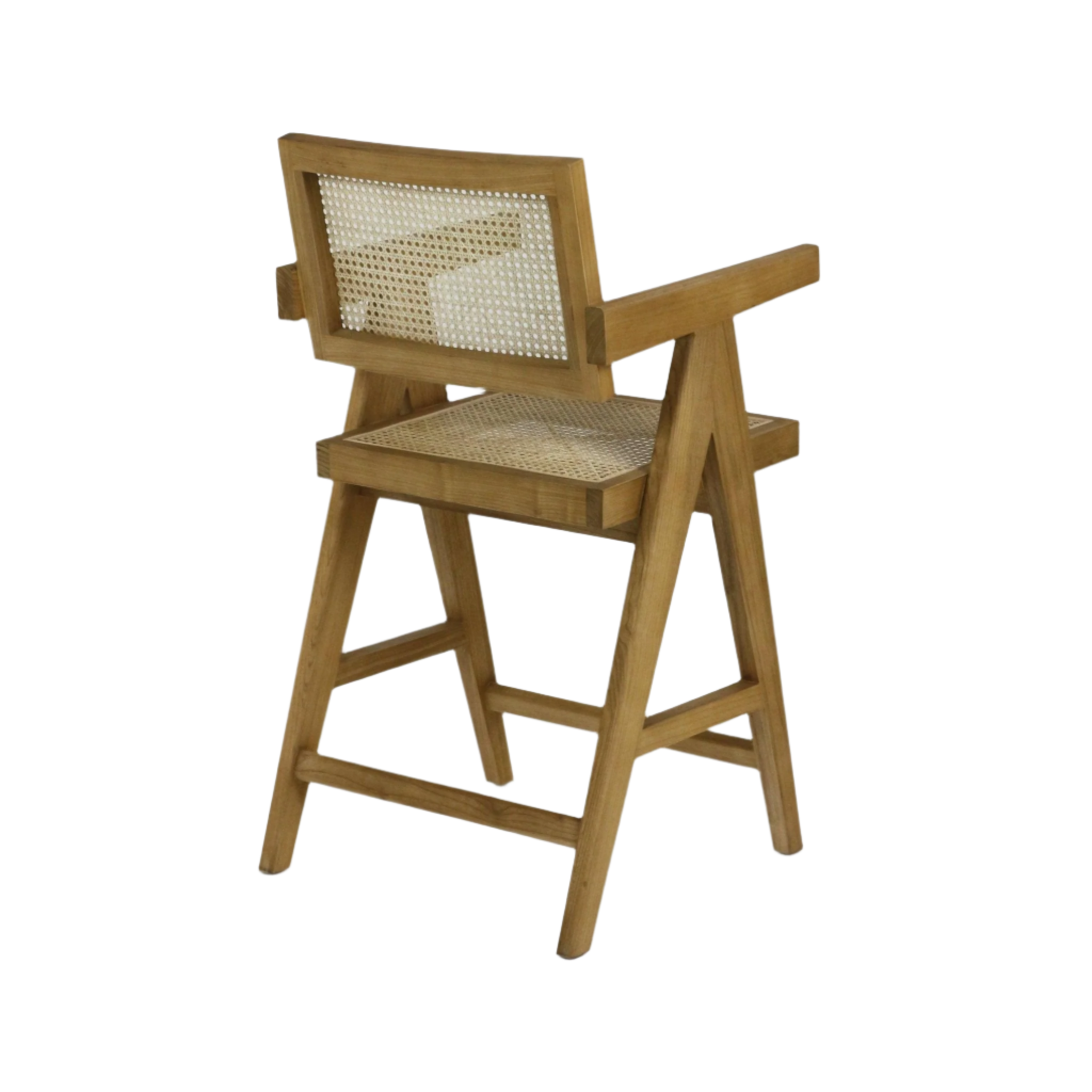 Natural wood mid-century bar stool with woven rattan seat and cane back, angled A-frame legs, integrated armrests and footrest, shown on a white background.