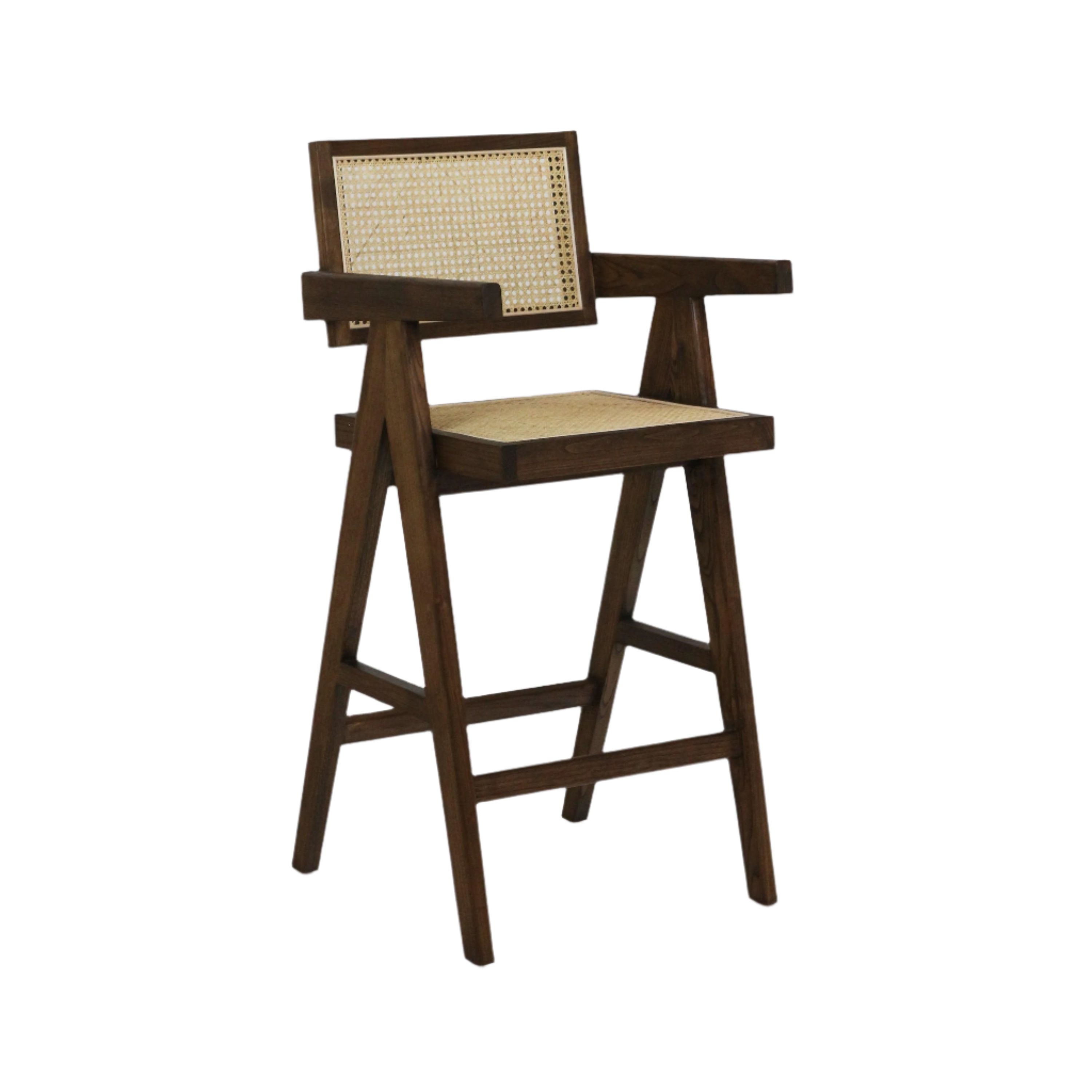 Mid-century modern natural wood bar stool with woven rattan seat and cane back, A-frame legs, footrest and broad wooden armrests.