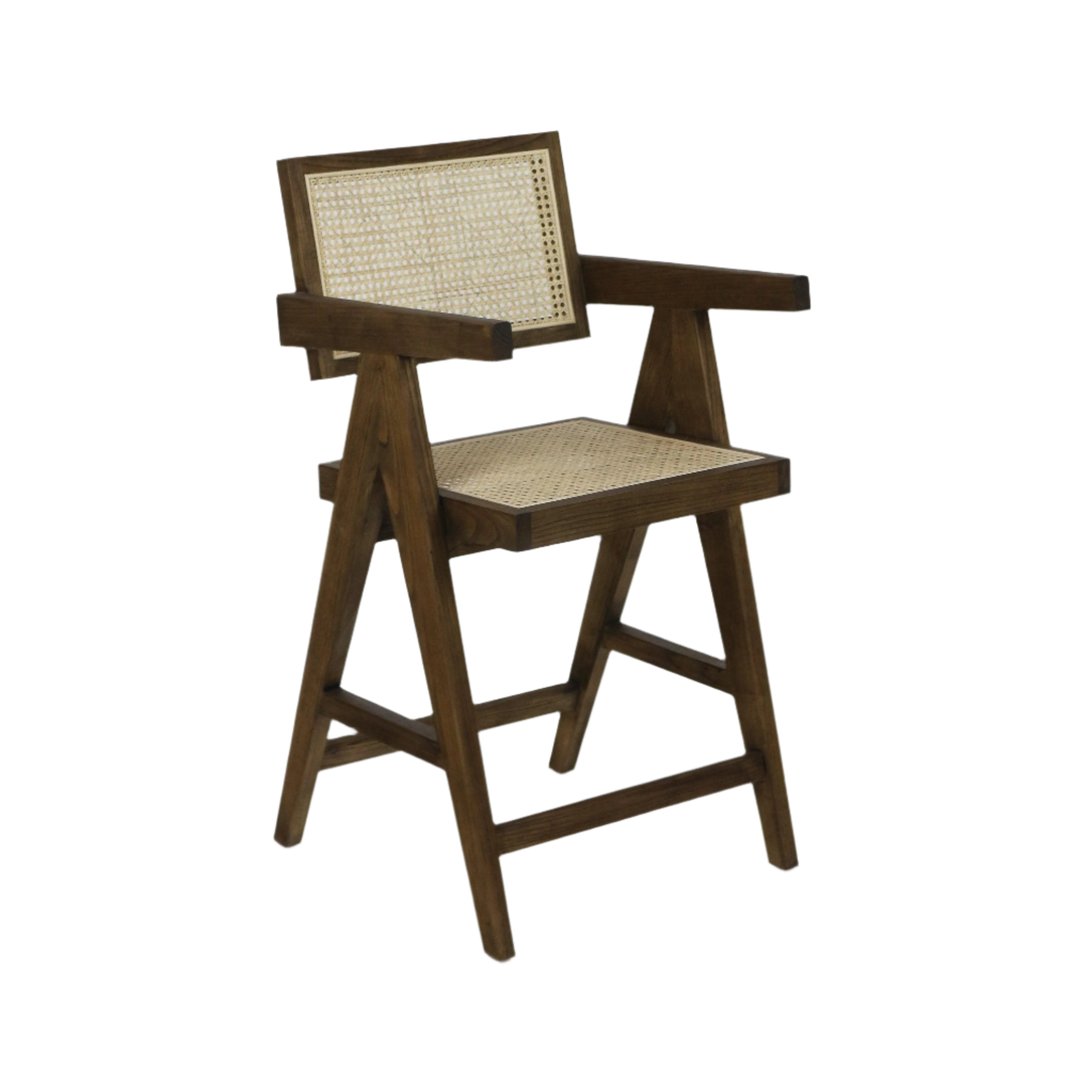 Mid-century modern natural wood bar stool with woven rattan cane seat and back, A-frame legs, short armrests and front footrest in a warm brown finish, shown isolated on a white background.
