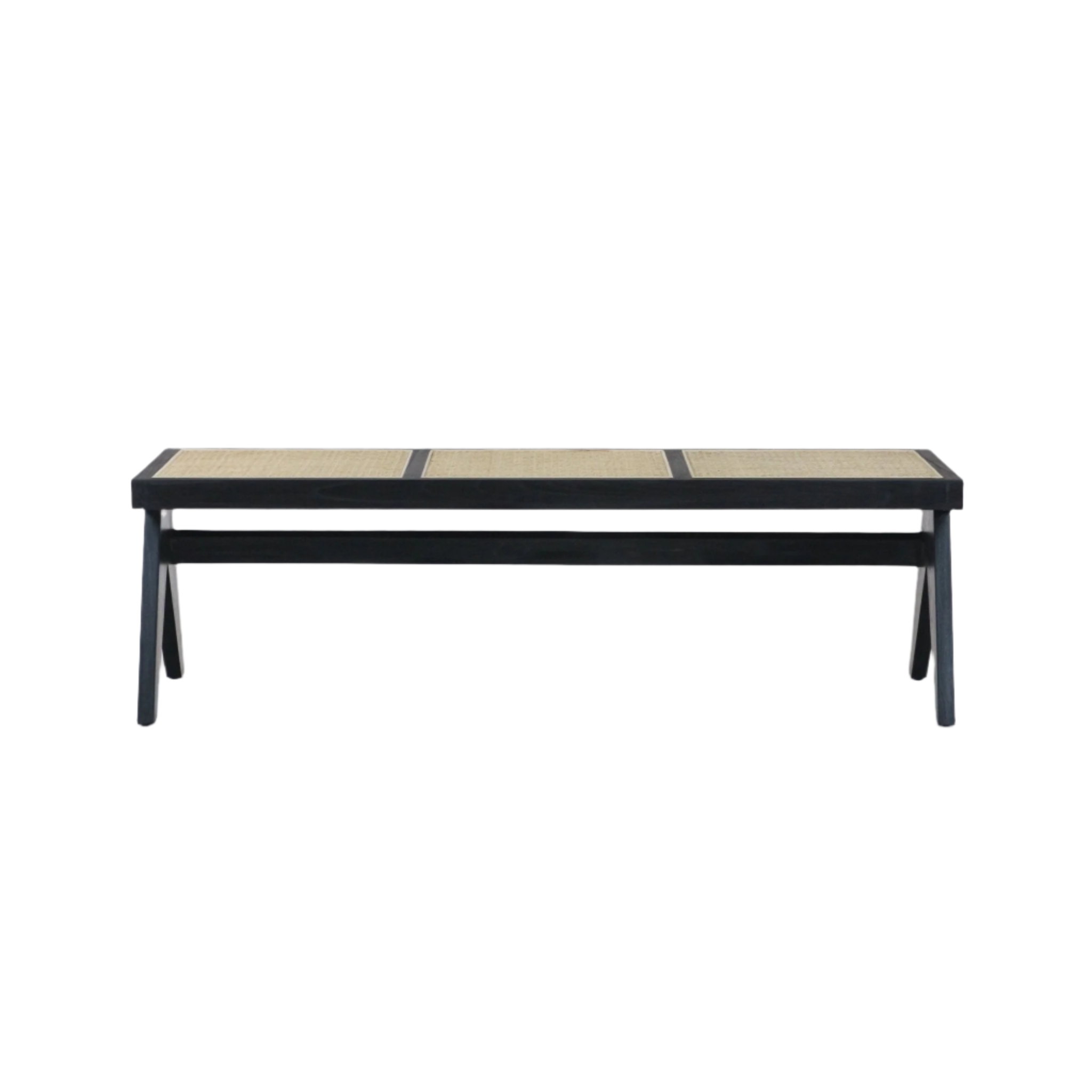 Backless modern wooden bench with a black solid wood frame and three natural woven cane seat panels, tapered splayed legs and a lower stretcher support, shown on a white background.