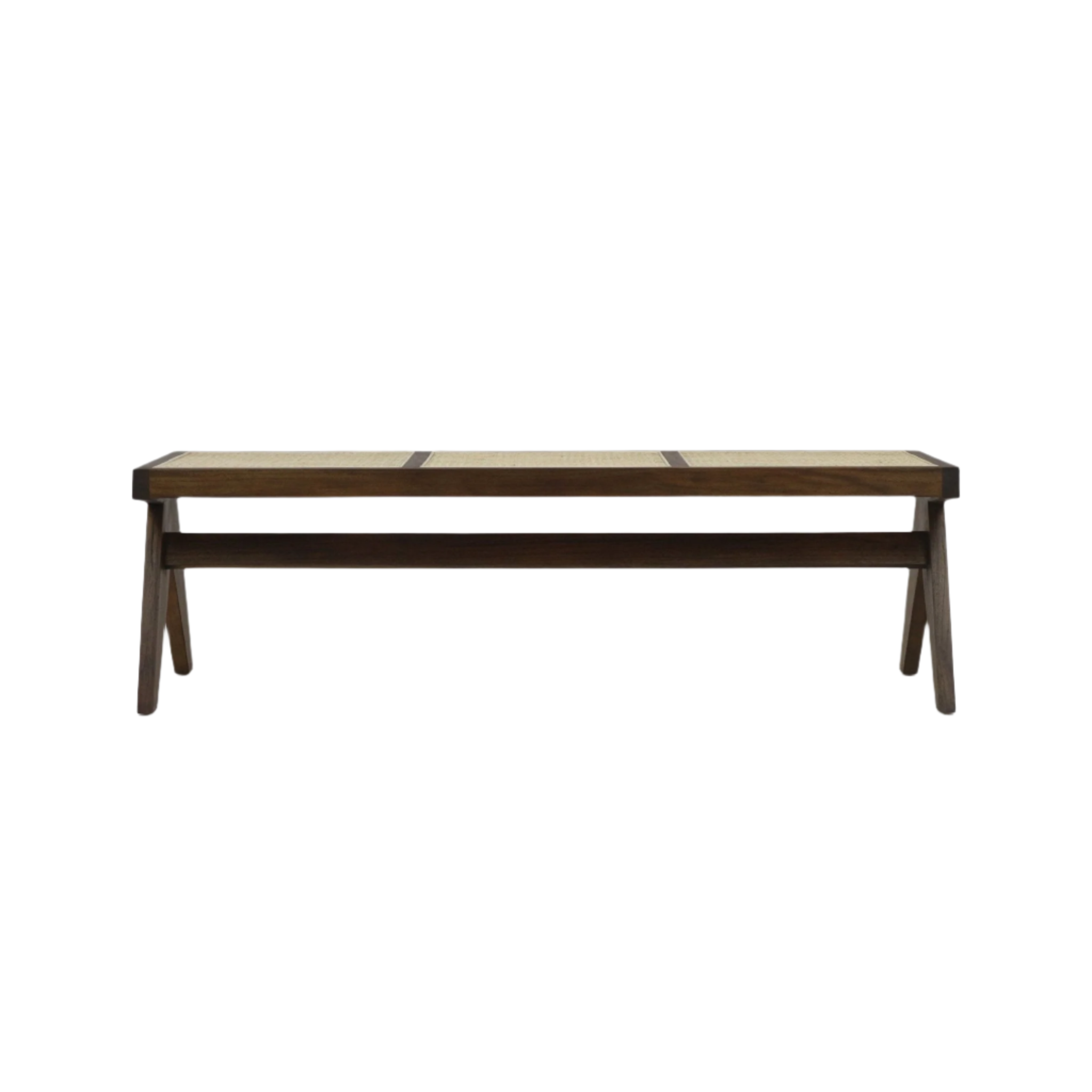 Backless natural wood bench with three cane-woven seat panels, solid angled legs and stretcher in a warm teak finish, shown on a white background.