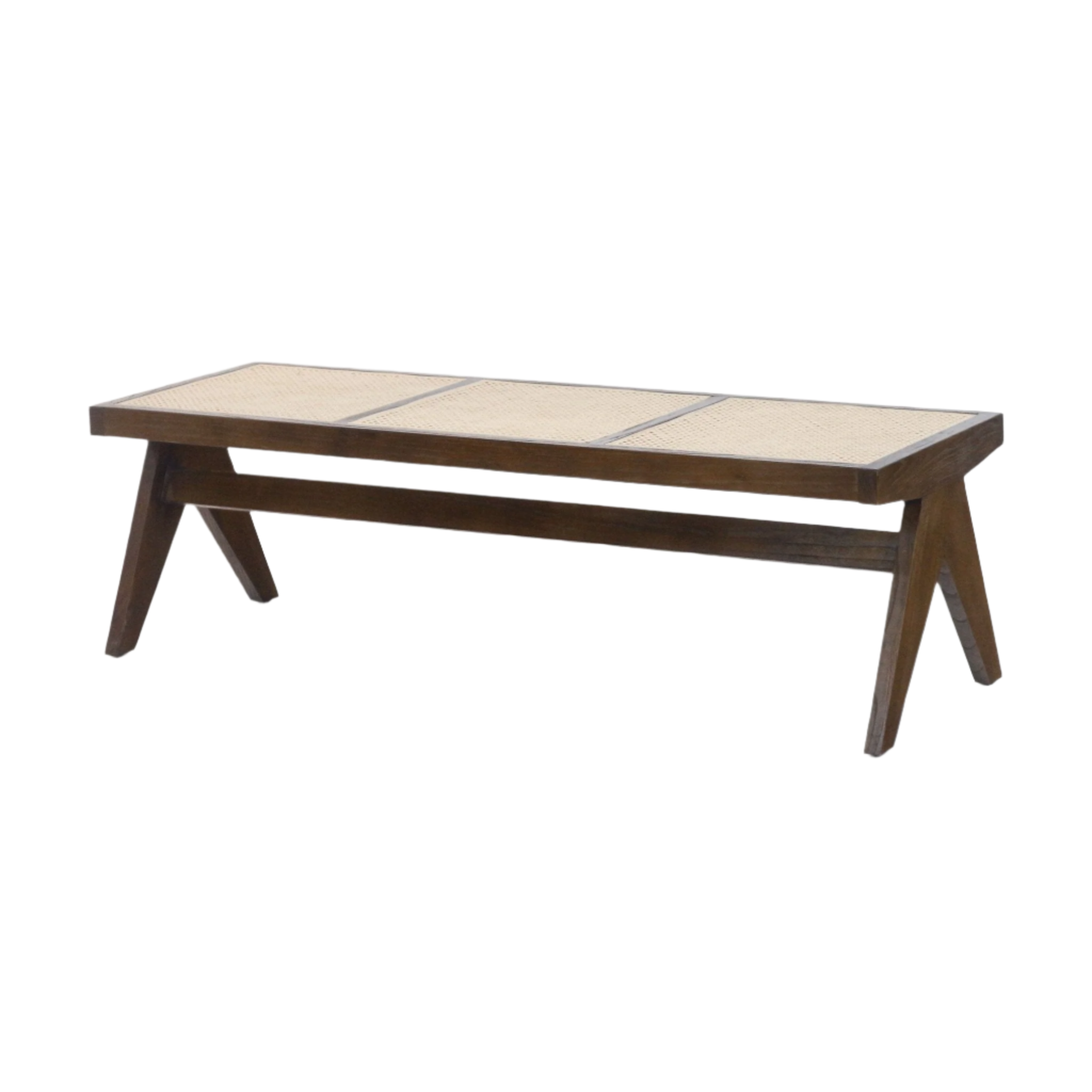 Backless natural wood bench with three woven cane seat panels, angled A-frame legs and a stretcher, finished in a warm natural stain for a mid-century modern look.