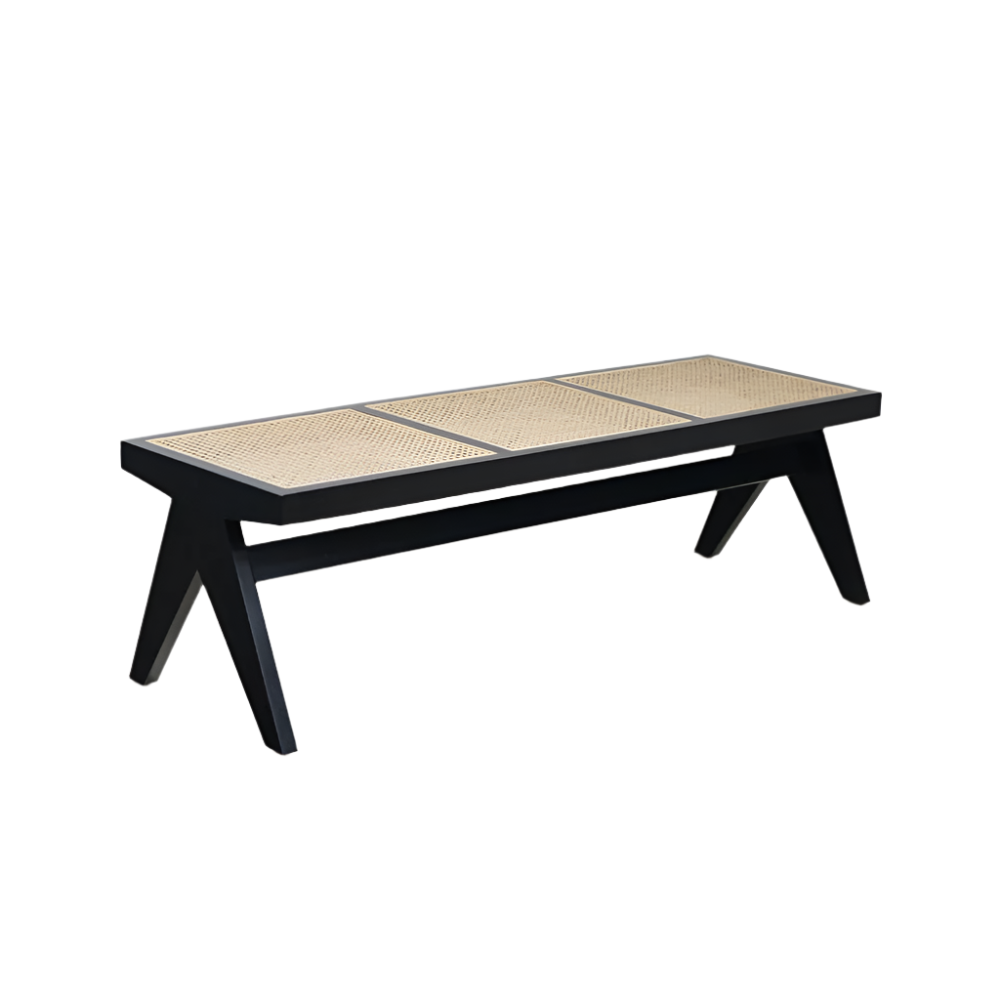 Modern backless wooden bench with a black solid-wood frame, angled A-shaped legs and three natural cane-woven seat panels on a white background.