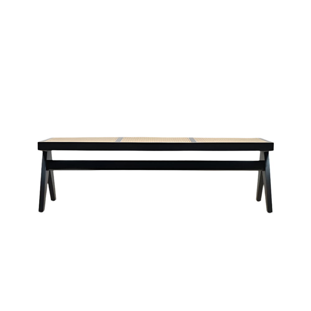 Backless mid-century modern bench with a black solid-wood frame and natural cane woven seat panels, low-profile design ideal for entryway, dining or bedroom.