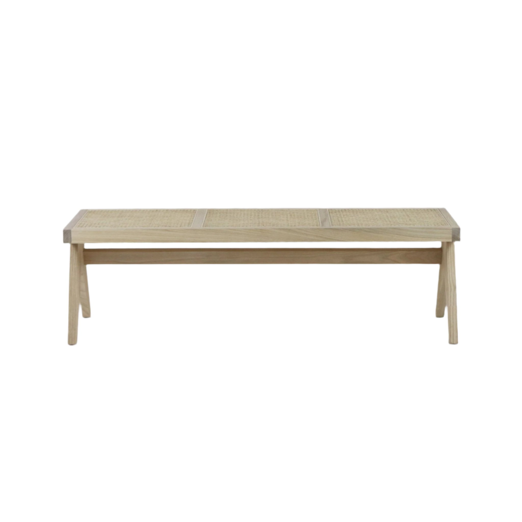 Backless natural wood bench with a three-panel woven cane (Vienna weave) seat, tapered solid-wood legs and a low-profile modern silhouette in a light natural finish.