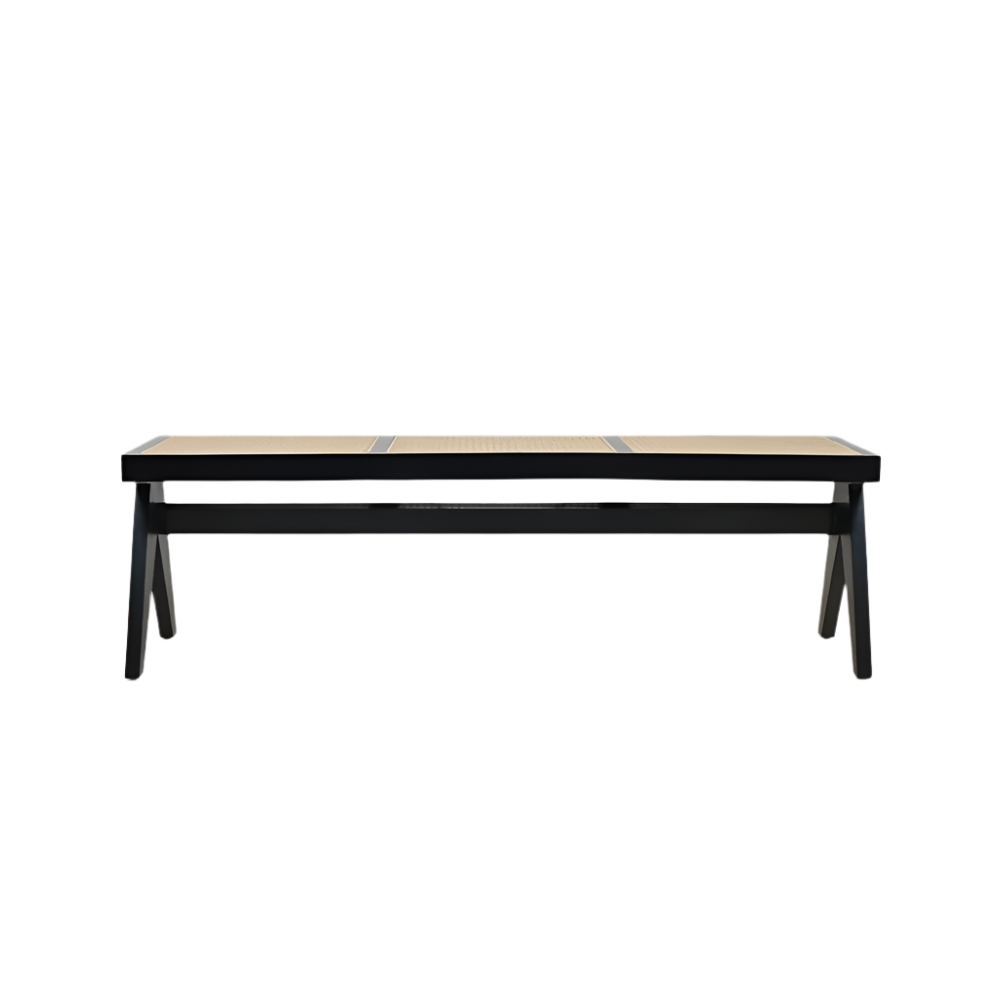 Backless bench with three natural cane-woven seat panels set in a black solid wood frame with tapered legs, a modern minimalist piece for entryway, dining or bedroom use.