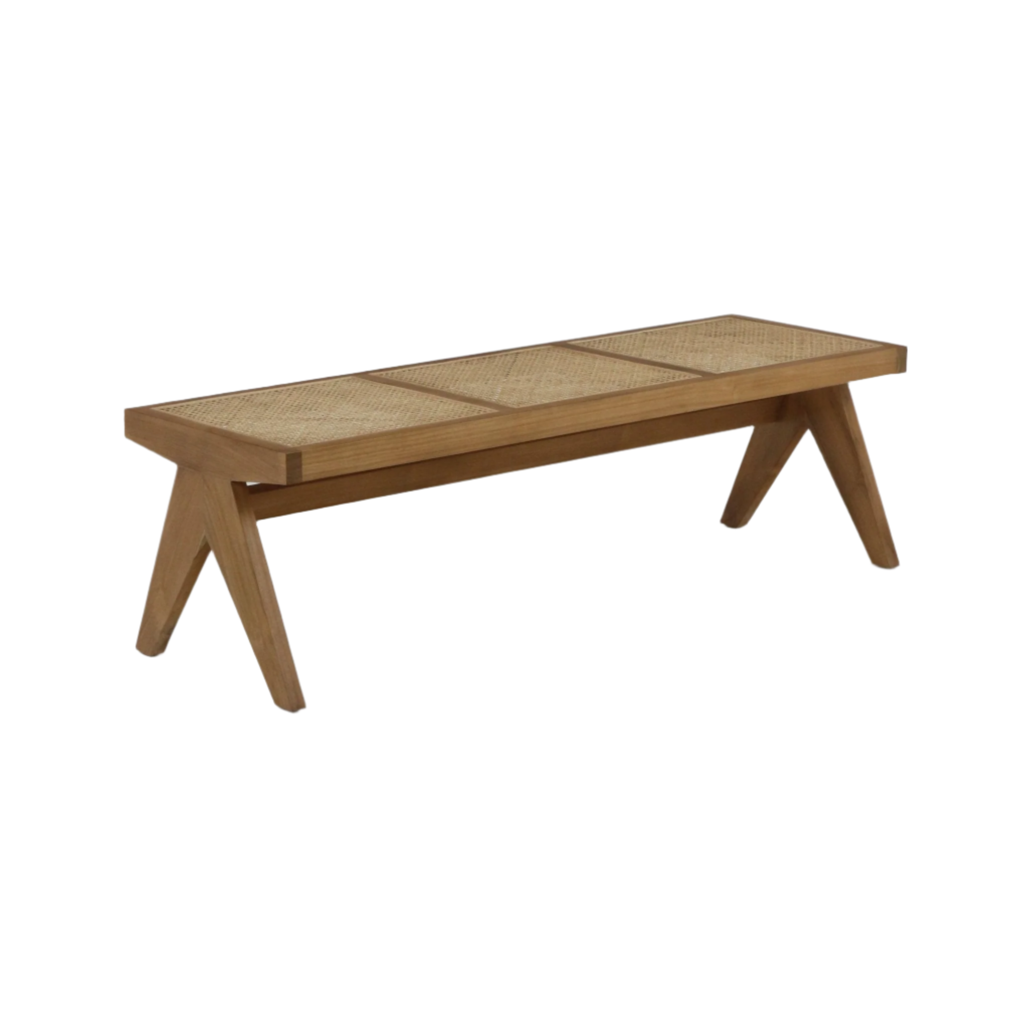 Backless natural wood bench with three woven cane seat panels, solid wood frame and angled A-shaped legs in a warm natural finish, ideal for a bedroom, dining area, or entryway.
