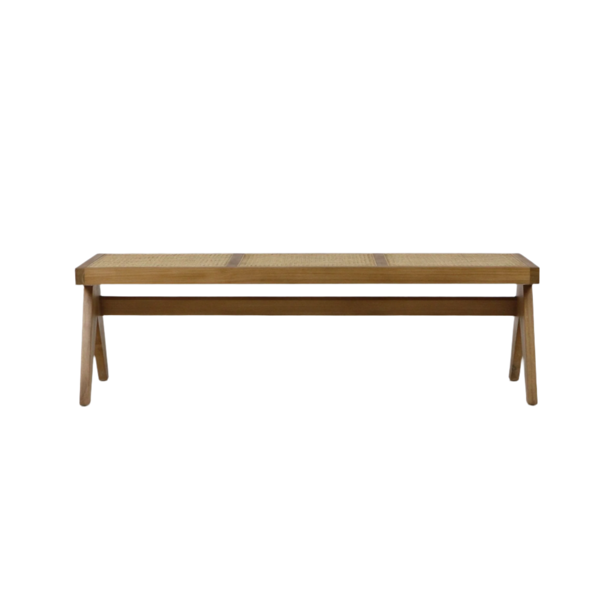 Backless natural wood bench with a three-panel Vienna-weave cane seat, rectangular frame, lower stretcher and splayed tapered legs in a warm natural finish.