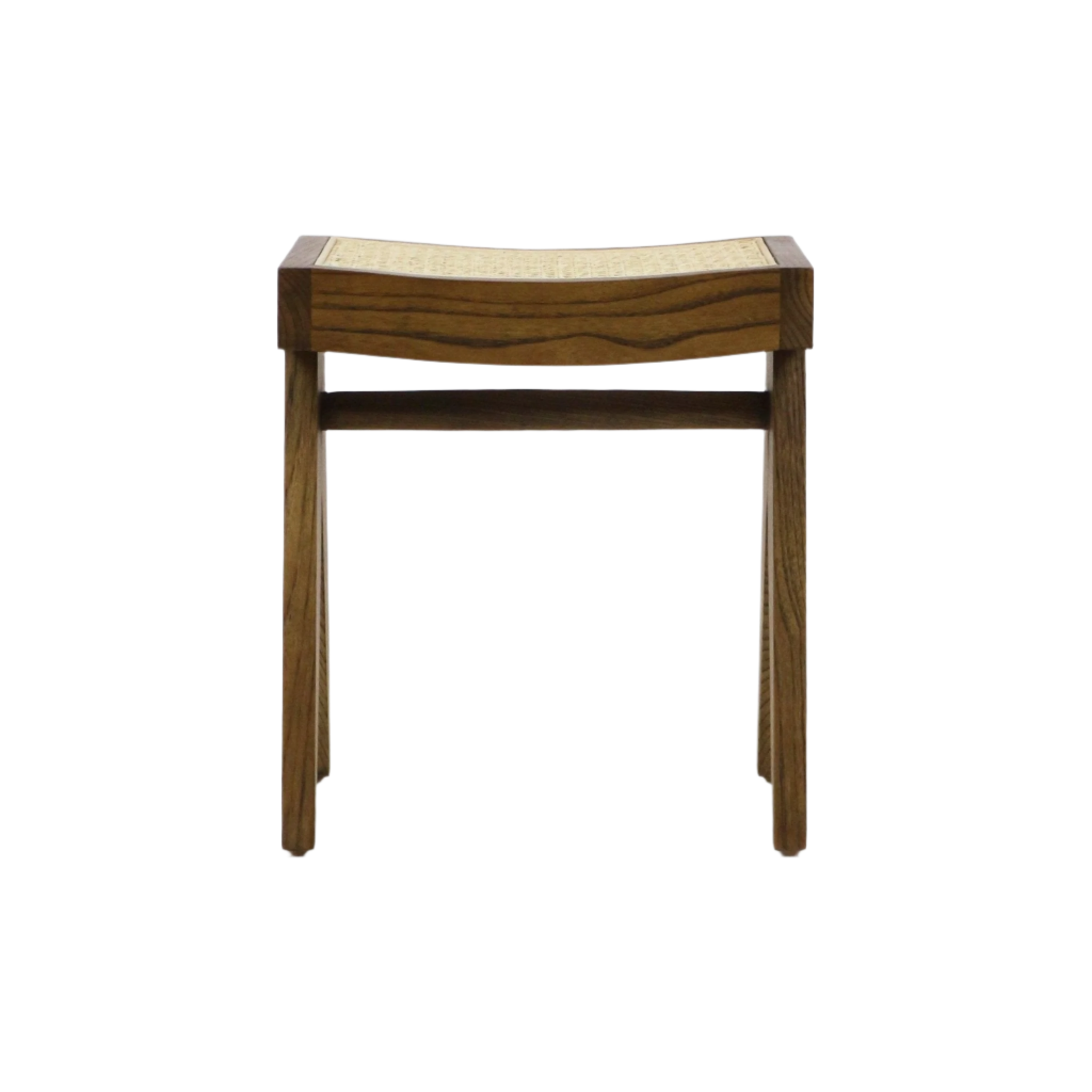 Front view of a natural wood mid-century modern footstool with a gently curved woven cane seat and straight solid-wood legs in medium brown finish.