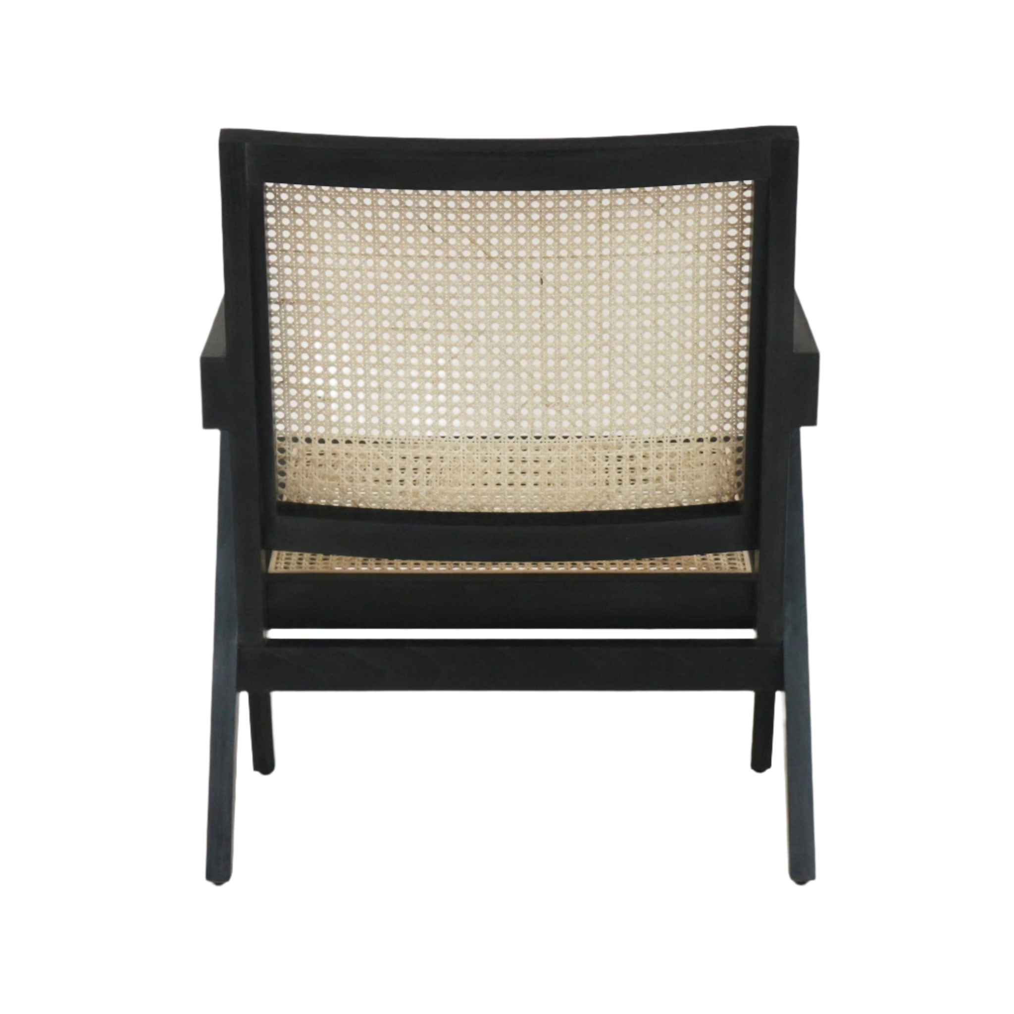 Rear view of a lounge chair with a black solid wood frame and natural rattan cane back and seat, showcasing an open-weave cane panel, angular armrests and tapered legs in a mid-century modern silhouette.