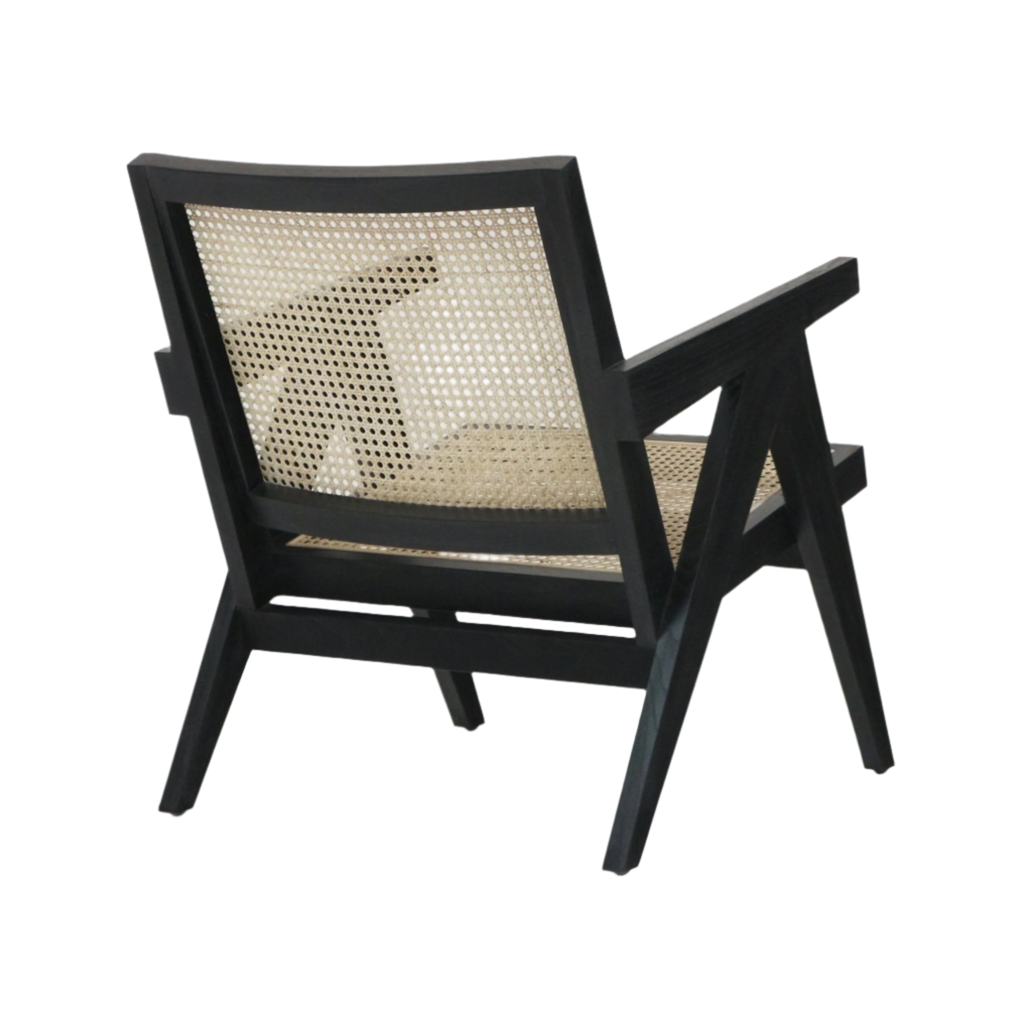 Rear three-quarter view of a mid-century modern lounge chair with a black solid wood frame and natural rattan cane seat and full back, featuring angled armrests and tapered legs.