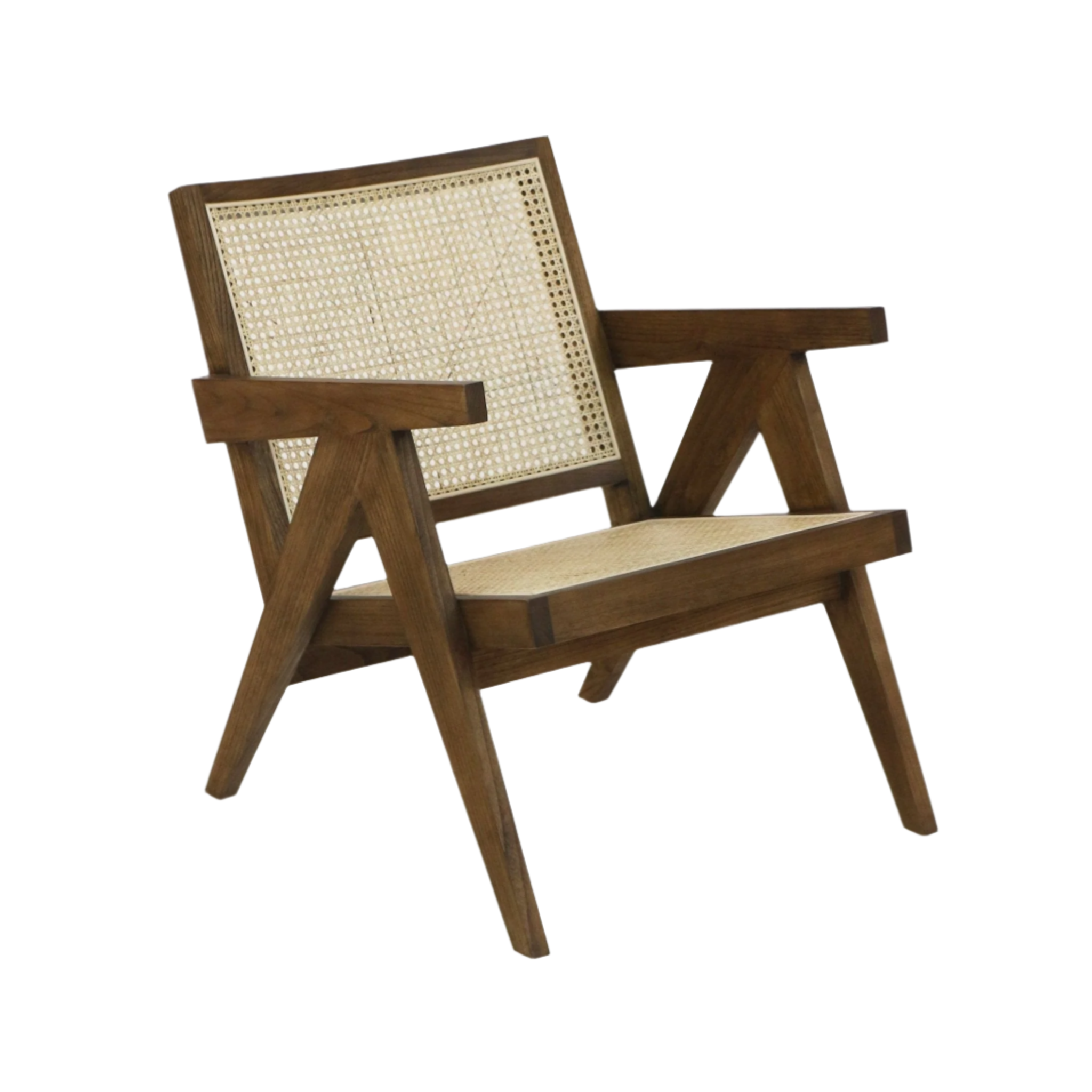 Mid-century modern lounge chair with natural rattan cane back and seat set in a medium-brown solid wood frame, featuring angled legs and wide wooden armrests.