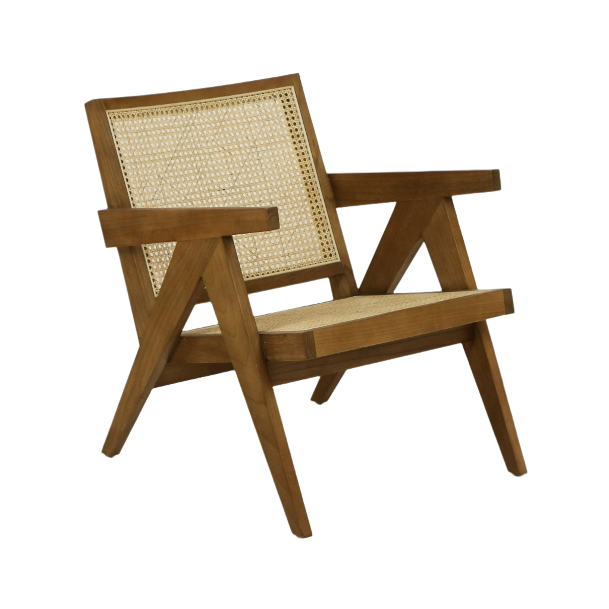 Midcentury lounge chair with natural rattan cane back and seat set in a solid wood frame with warm teak finish, angular legs and wide flat armrests for a low-profile living room or office accent.