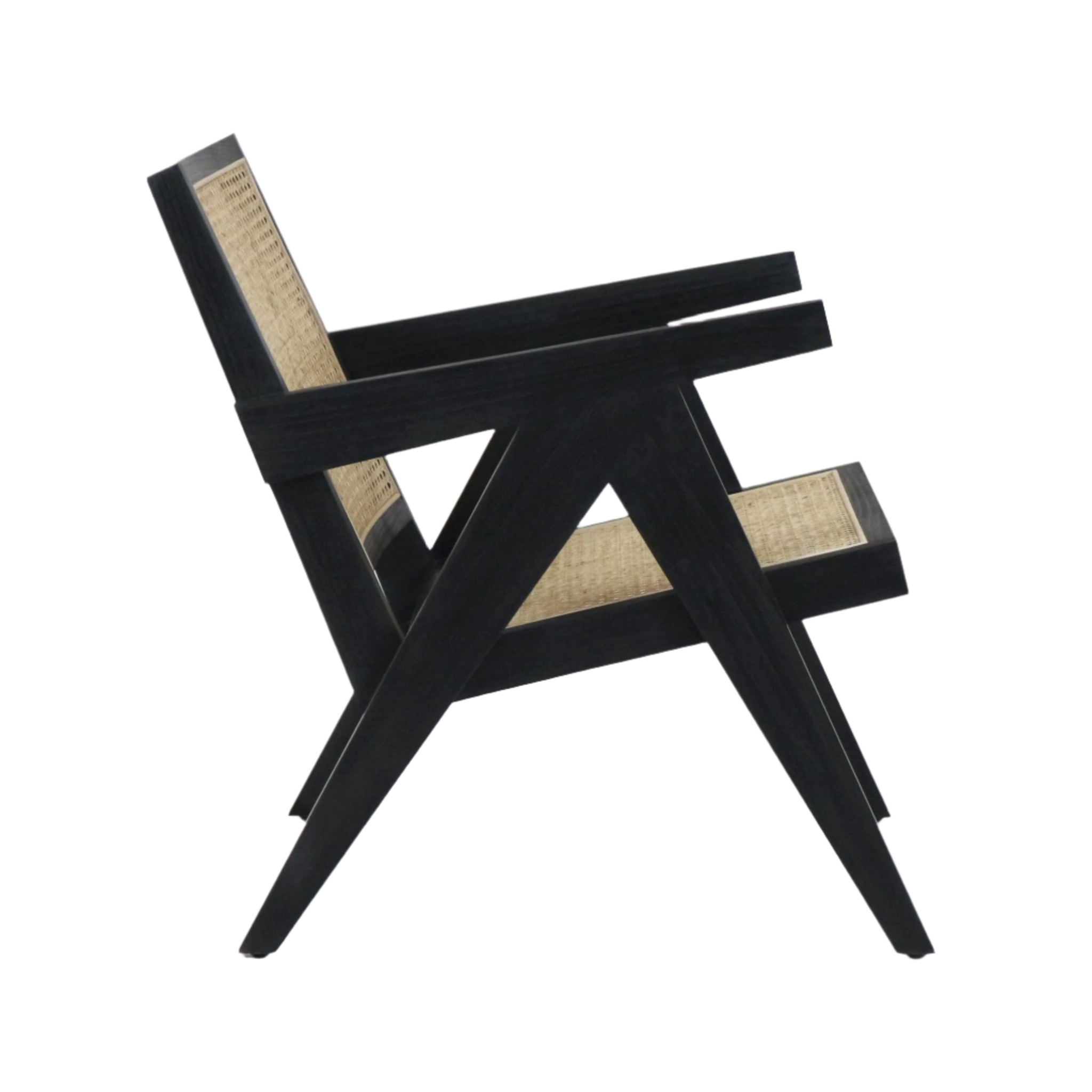 Side profile of a mid-century modern lounge chair with a smoked-black solid wood frame and natural rattan cane seat and back, angled legs and low armrests forming an open geometric silhouette.