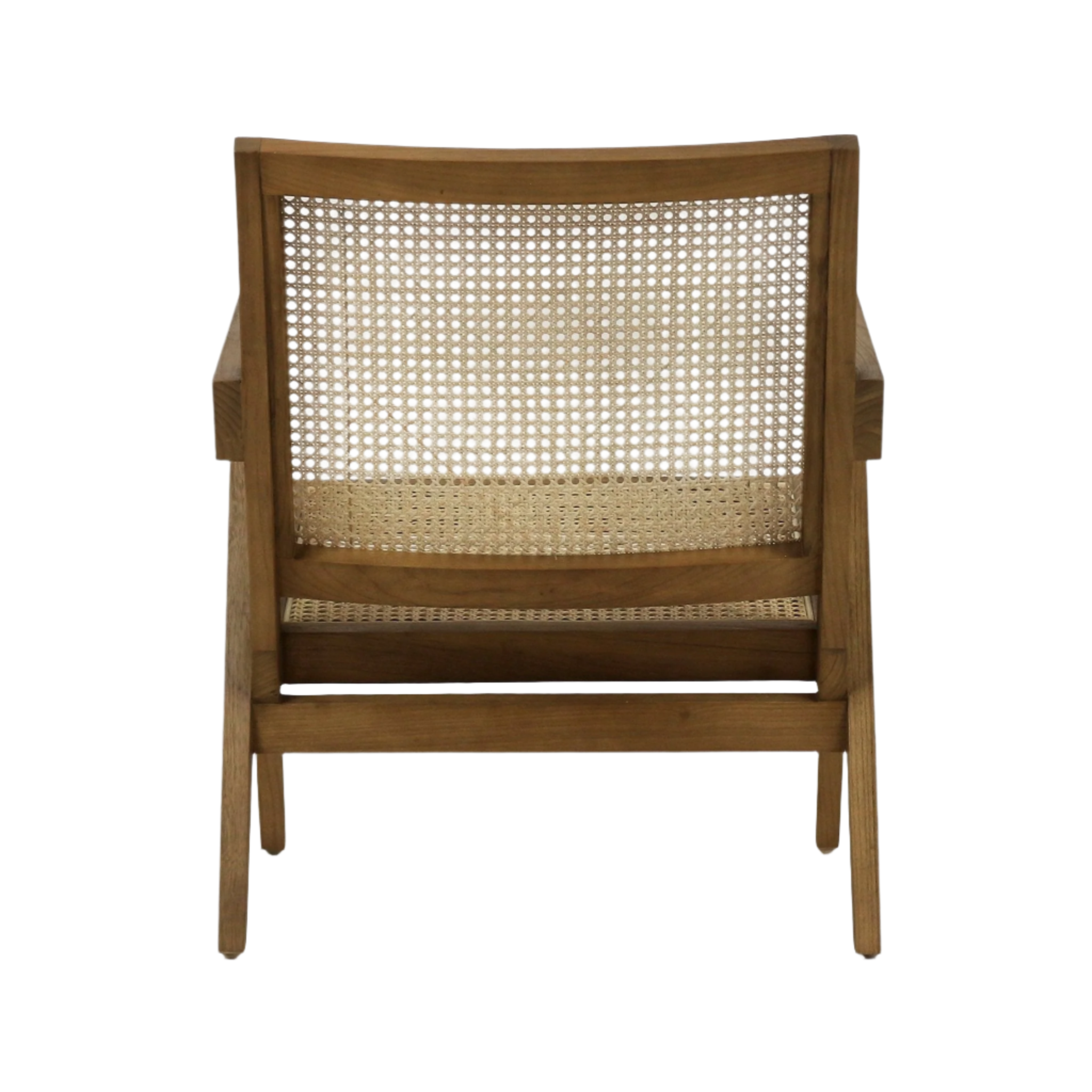 Rear view of a natural wood lounge chair with woven rattan cane back and seat, visible wooden arms, slatted lower support and tapered legs in a mid-century modern style.