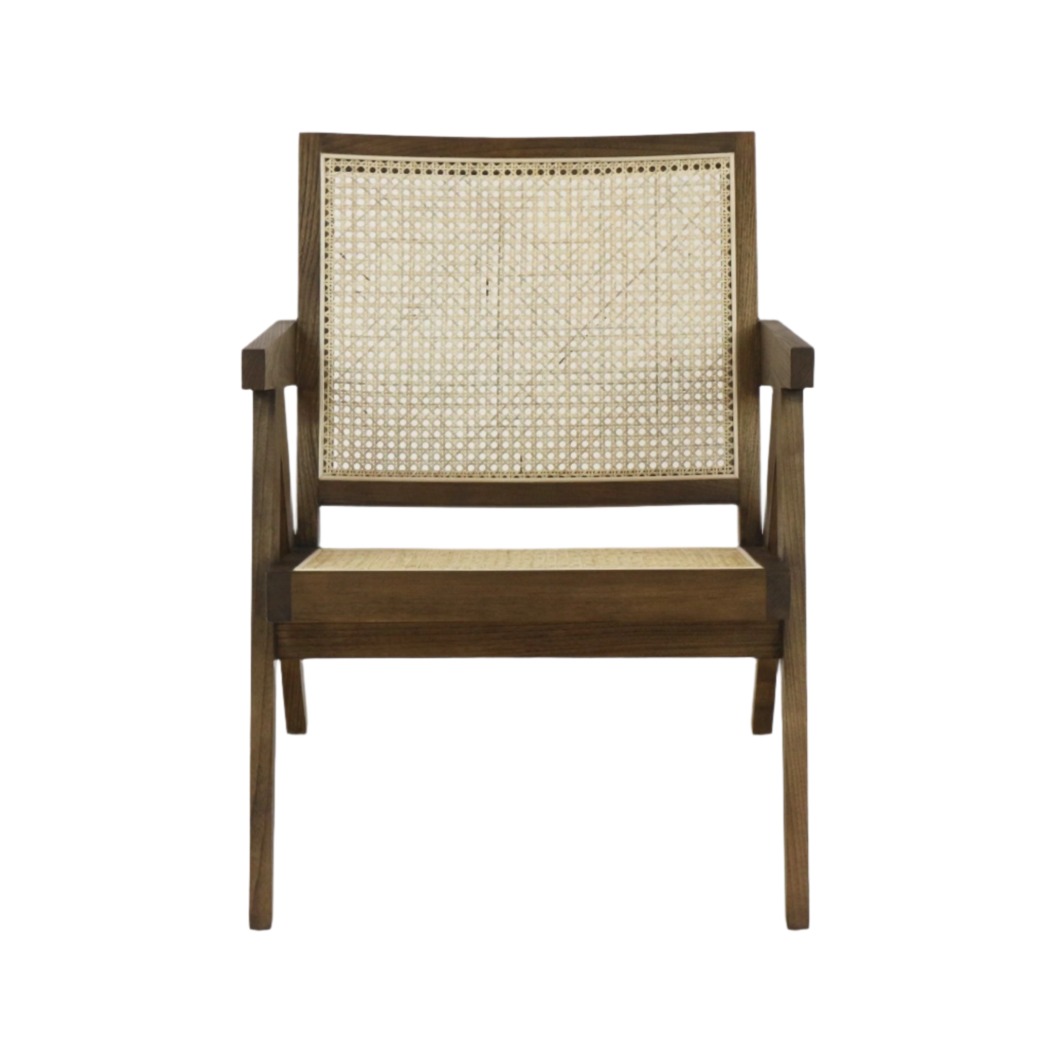 Front view of a natural wood mid-century lounge chair with a solid wood frame and woven rattan cane seat and full back, straight wooden arms and tapered legs.