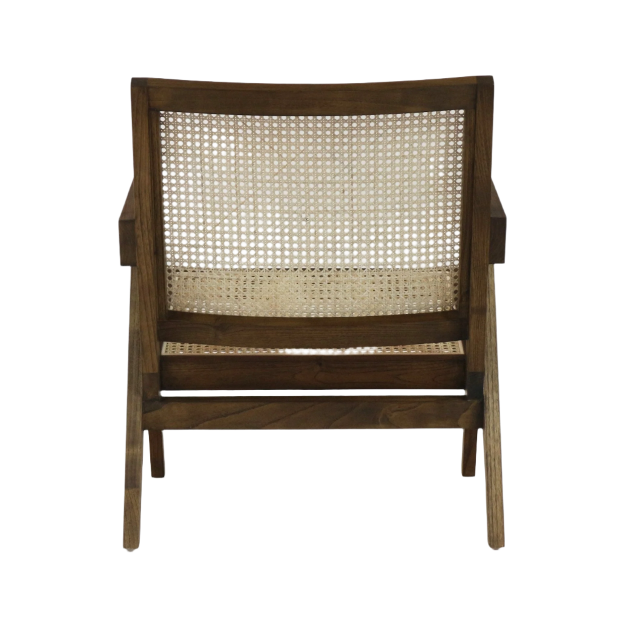 Rear view of a mid-century modern lounge chair showing a natural wood frame with woven rattan cane back and seat, angled solid-wood legs and low wooden armrests in a warm natural finish.