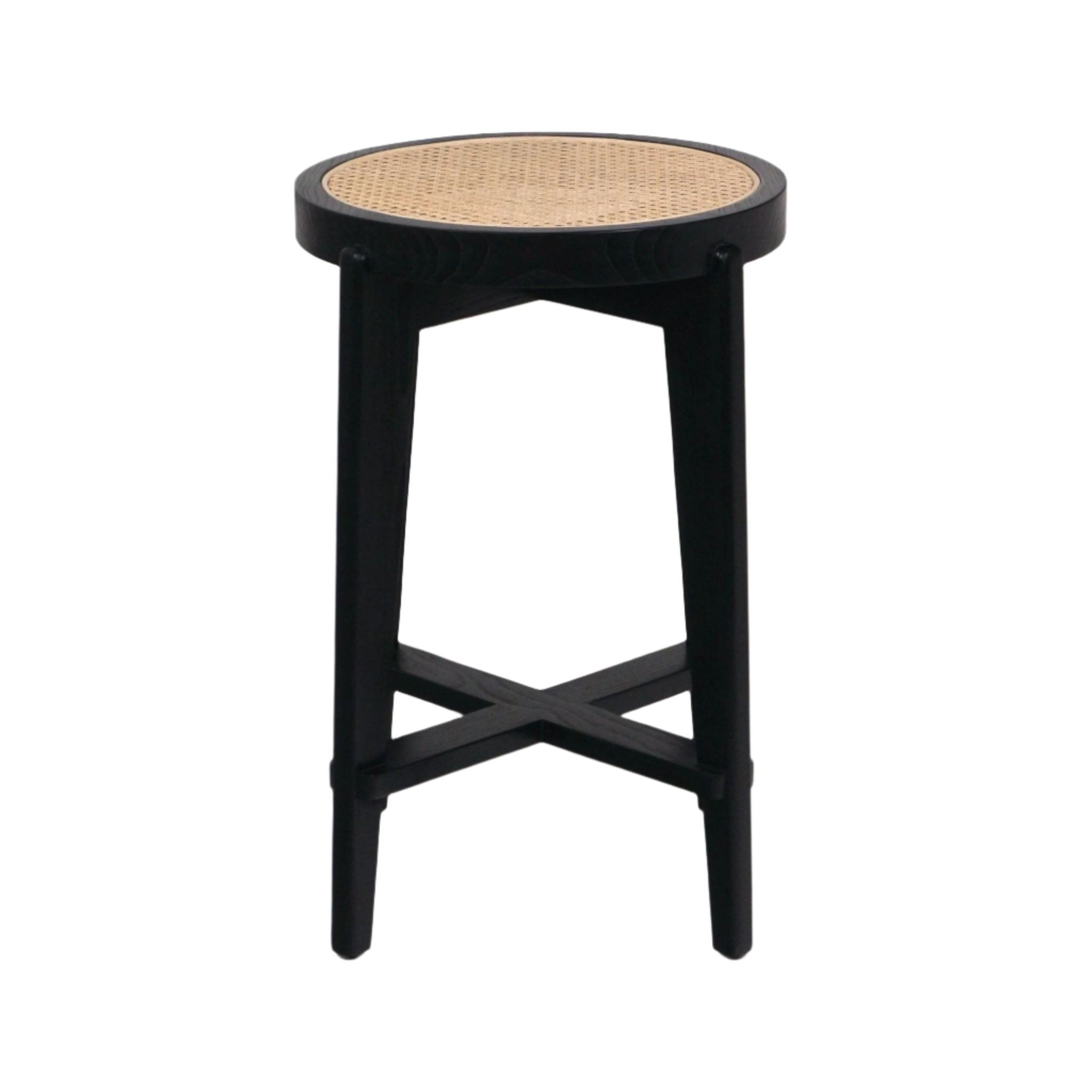 Backless modern counter-height stool with a round natural woven rattan seat set in a black-stained solid wood frame and X-shaped stretcher.