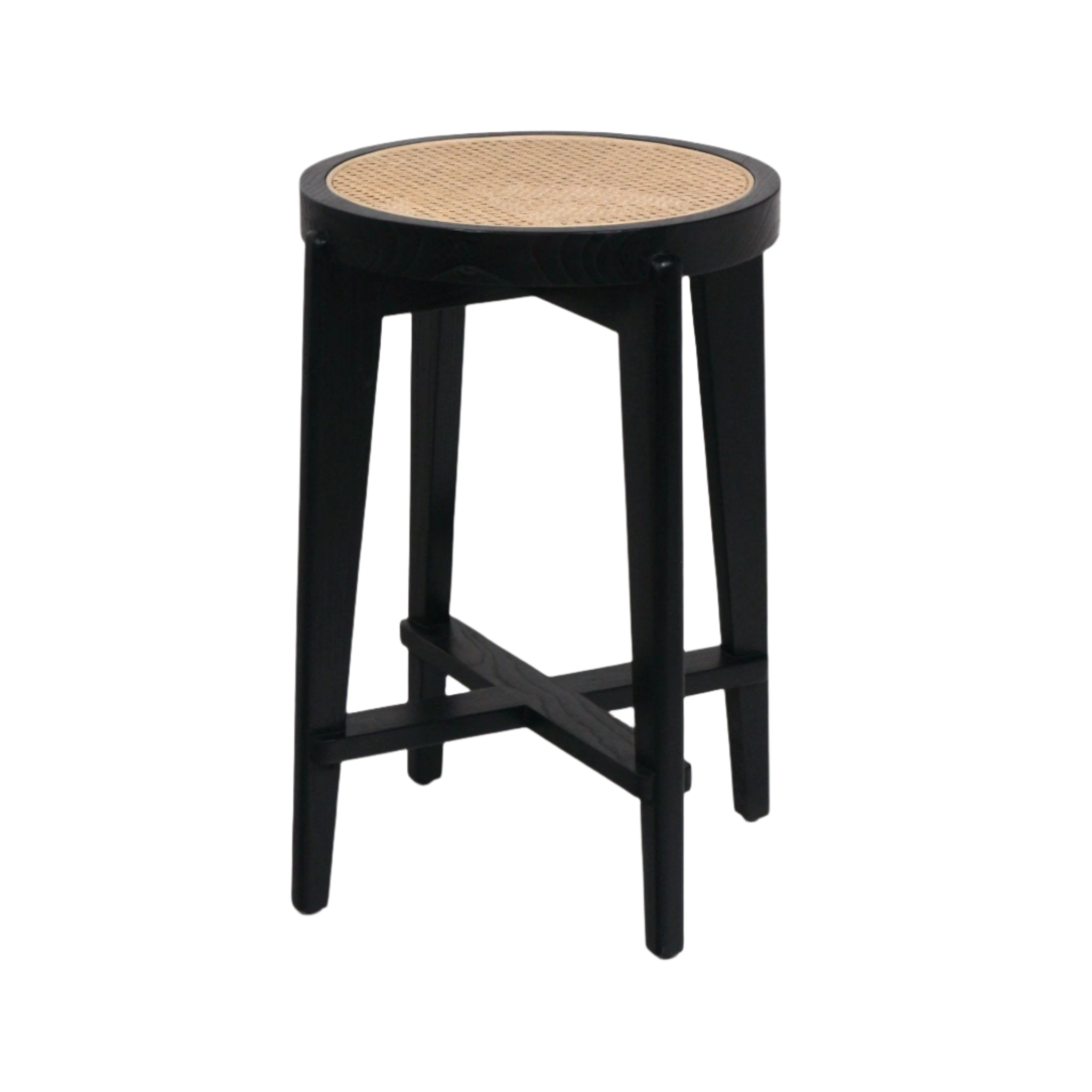 Backless round counter stool with a natural rattan woven seat set into a black-stained solid wood frame, tapered legs and crossed stretcher for foot support, ideal for modern kitchen or bar seating.