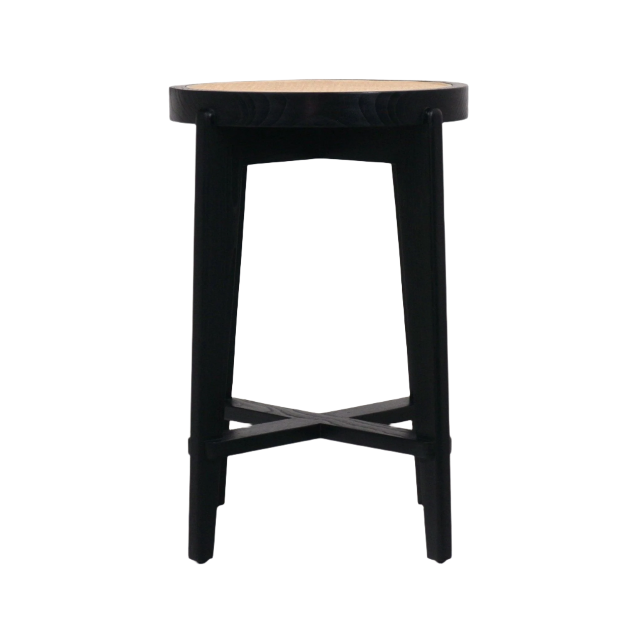 Counter-height round stool with a natural woven rattan seat set in a black-stained solid wood frame, tapered legs and an X-shaped stretcher, shown on a white background.