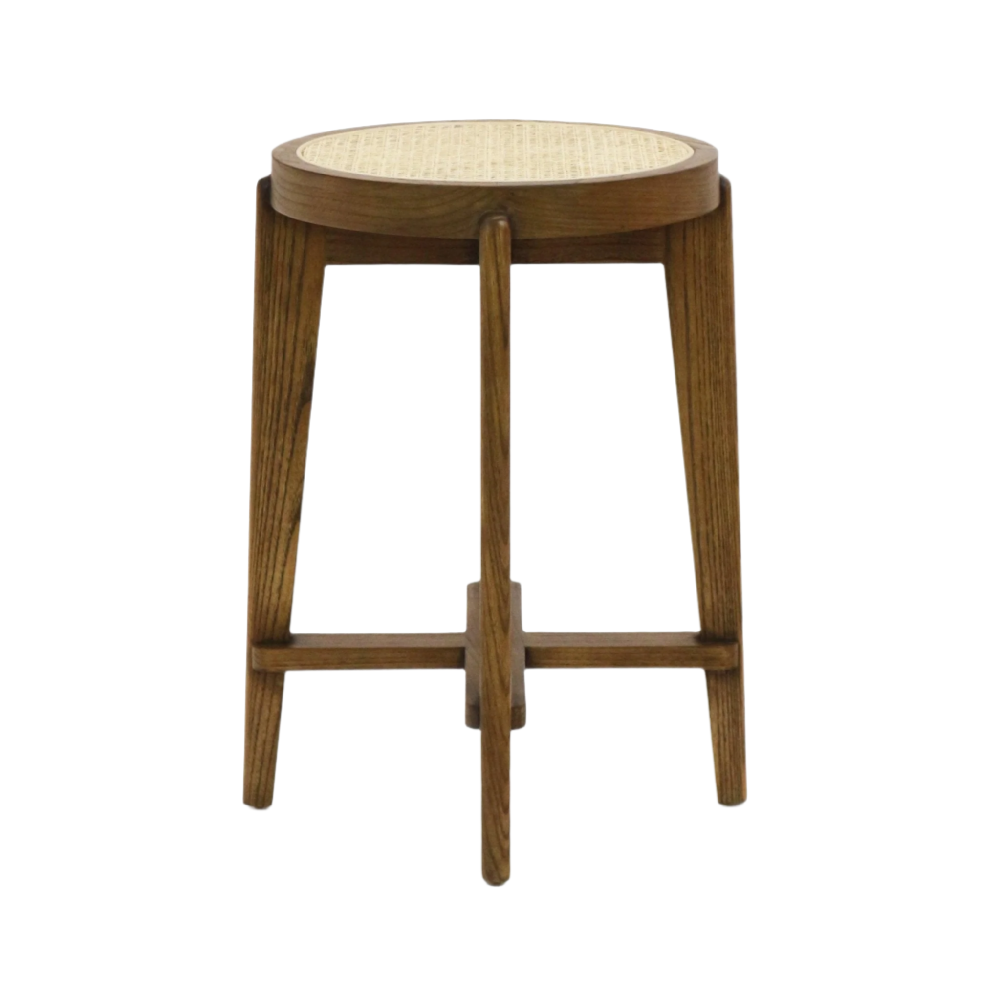 Backless counter-height stool with a round natural rattan woven seat set in a medium-brown solid wood frame, tapered legs and cross stretchers for support.