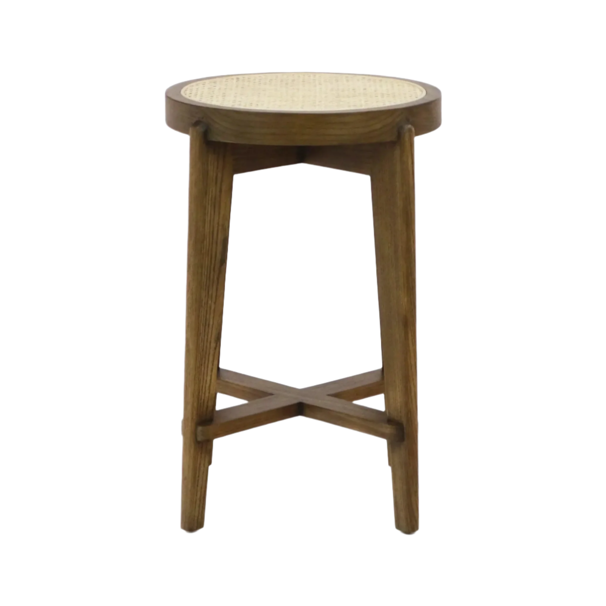 Backless round counter stool in natural wood with a woven rattan cane seat, tapered legs and crossed X stretcher in a medium brown finish.
