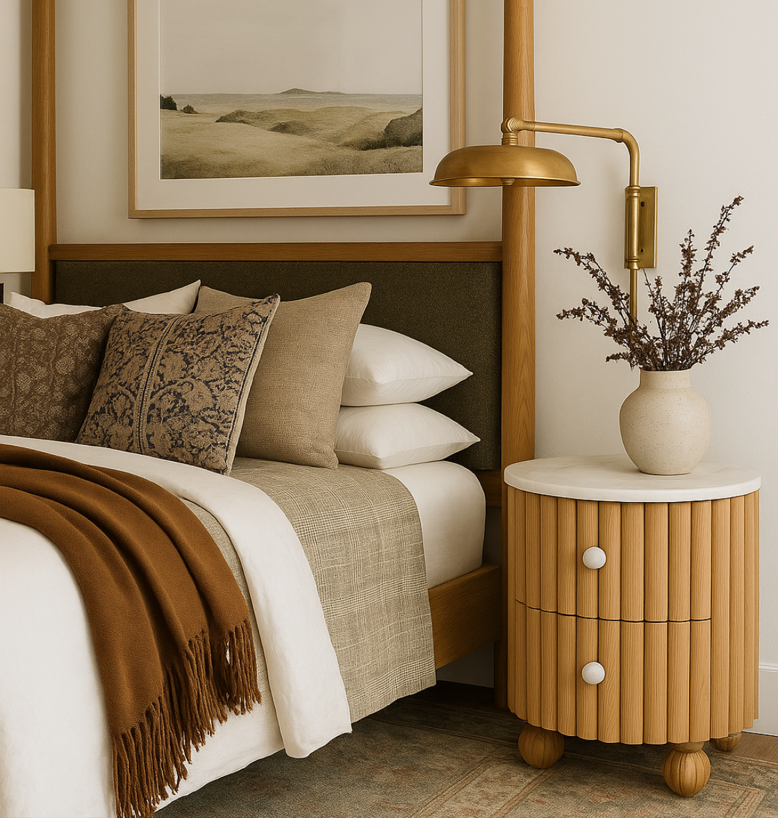 Round fluted oak nightstand with a white marble top and two drawers, shown beside a wooden bed with neutral pillows, a rust-brown throw, brass wall sconce, and a ceramic vase of dried stems.