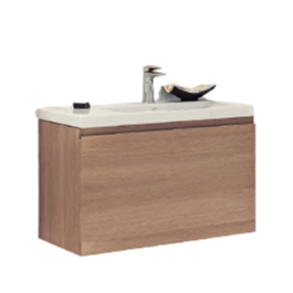 Modern floating single-sink bathroom vanity in natural solid wood with a white stone top, single-hole faucet and rectangular undermount sink.