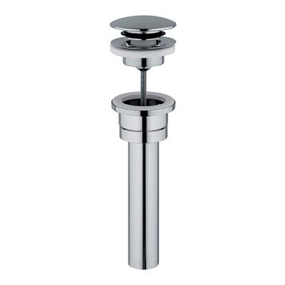 Polished chrome pop-up sink drain assembly with round cap, threaded flange, gasket and straight tailpiece shown vertically; suitable for single-sink stone-top vanity installations.