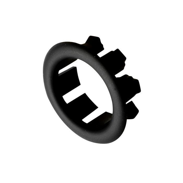 Black plastic trim ring with multiple locking tabs shown on a white background, accessory designed for modern stone-top single-sink vanities and solid wood 24.5" freestanding vanity models.