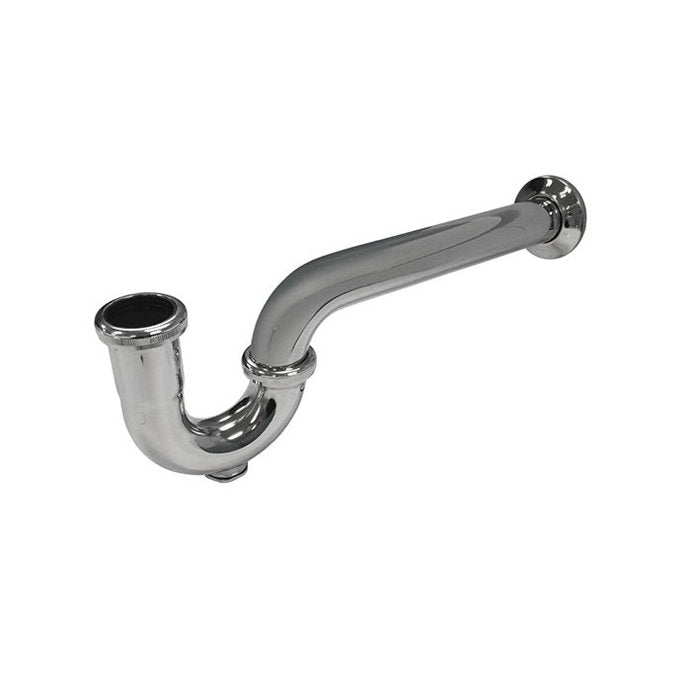 Chrome-plated P-trap with extended tailpiece and round wall escutcheon for a bathroom sink, photographed on a white background and suitable for modern bathroom vanities.