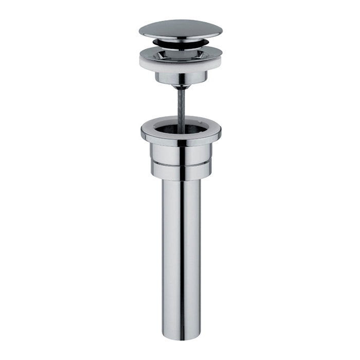Polished chrome pop-up sink drain assembly with round cap, threaded stem, rubber gasket and straight cylindrical tailpiece, suitable for modern stone-top bathroom vanities.