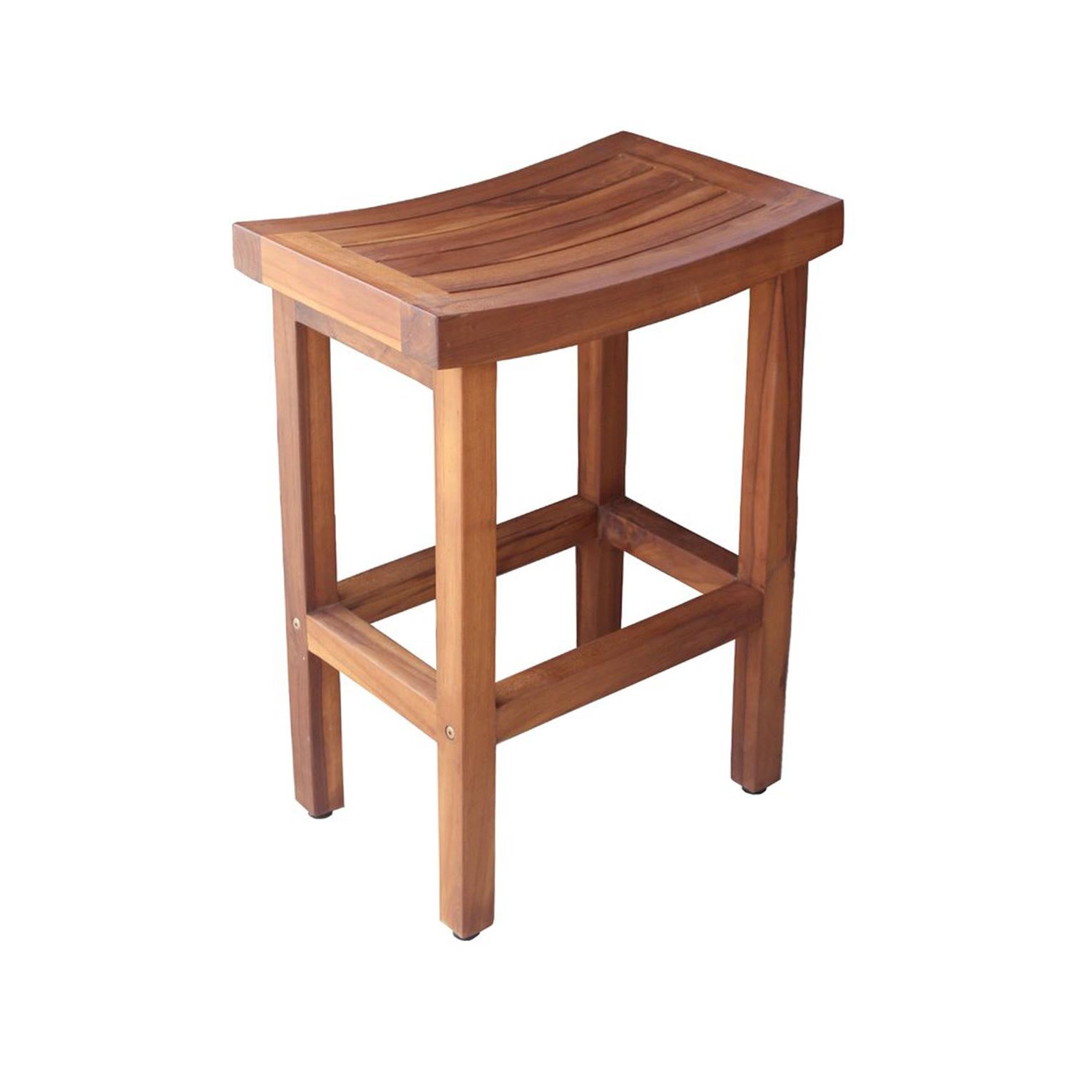 Backless teak outdoor bar stool in natural finish with a contoured slatted seat, solid wood square legs and built-in footrest, coastal contemporary design shown on a white background.