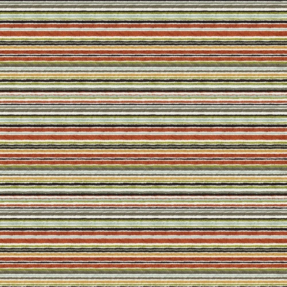 Horizontal narrow-striped upholstery fabric (90% viscose, 1.5% acrylic, 8.5% polyester) in rust, olive green, yellow, cream, pale blue and charcoal, shown as a repeated contemporary pattern for sofas and indoor use.