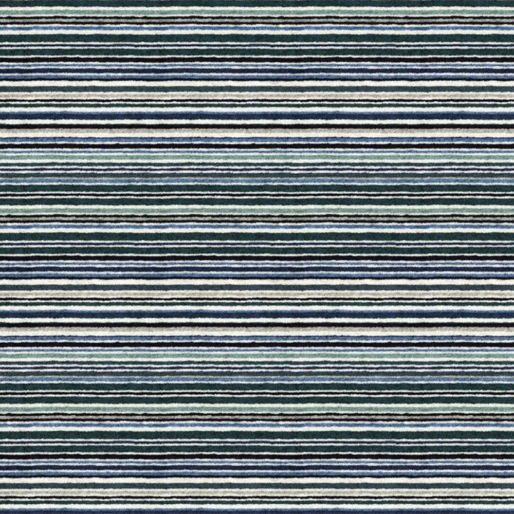 Close-up of contemporary striped upholstery fabric for sofas in blue, teal, navy and cream, woven from a viscose blend (90% viscose, 1.5% acrylic, 8.5% polyester) showing narrow horizontal stripes and textured surface.