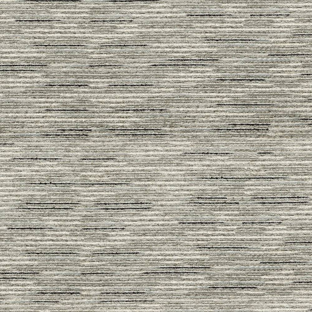 Close-up of neutral gray striated upholstery fabric showing subtle horizontal lines and textured viscose-blend weave, suitable for contemporary sofas (75% viscose, 24% polyester, 1% acrylic).